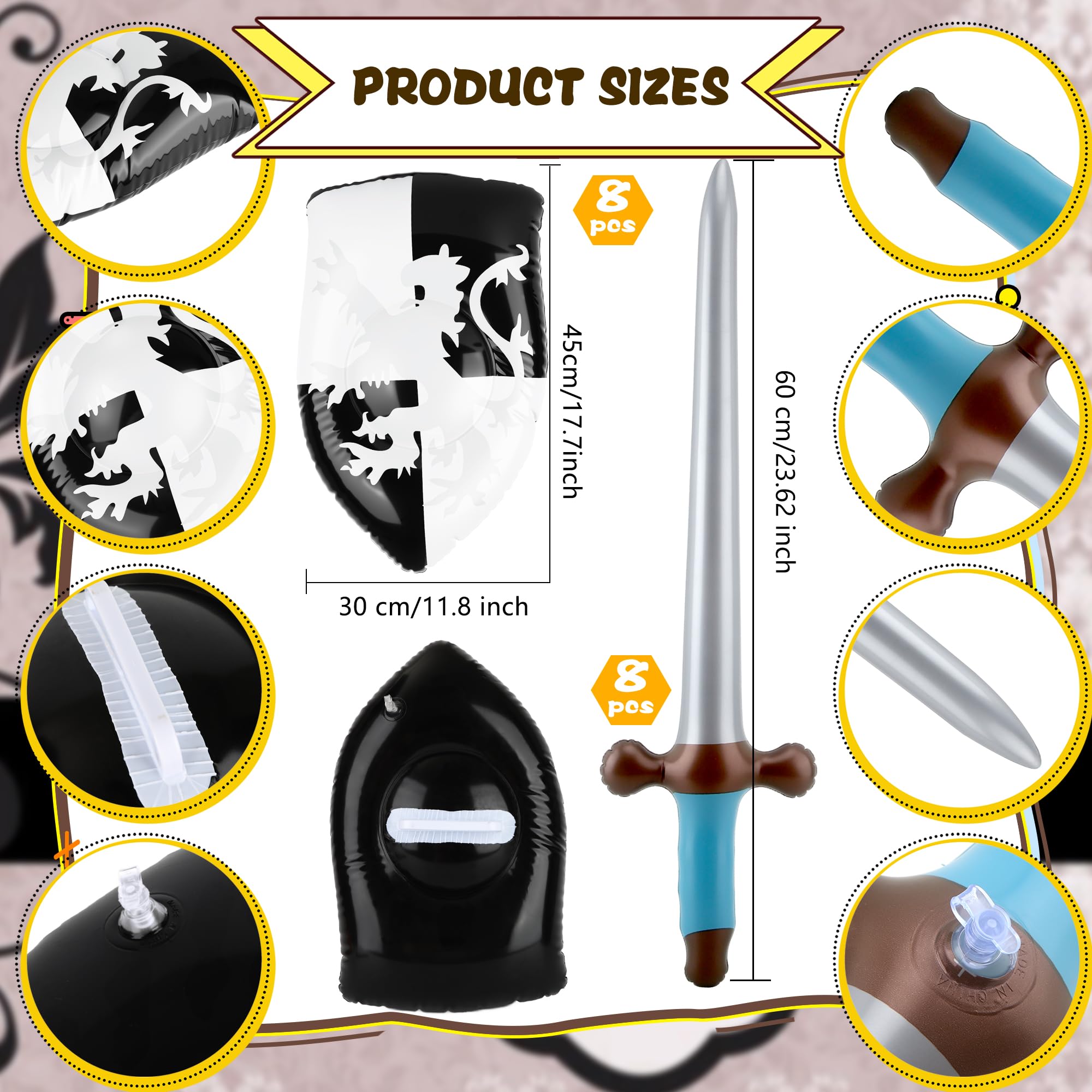 Juego de 16 espadas inflables y escudos de espada medieval para fiestas piratas, accesorios de cosplay