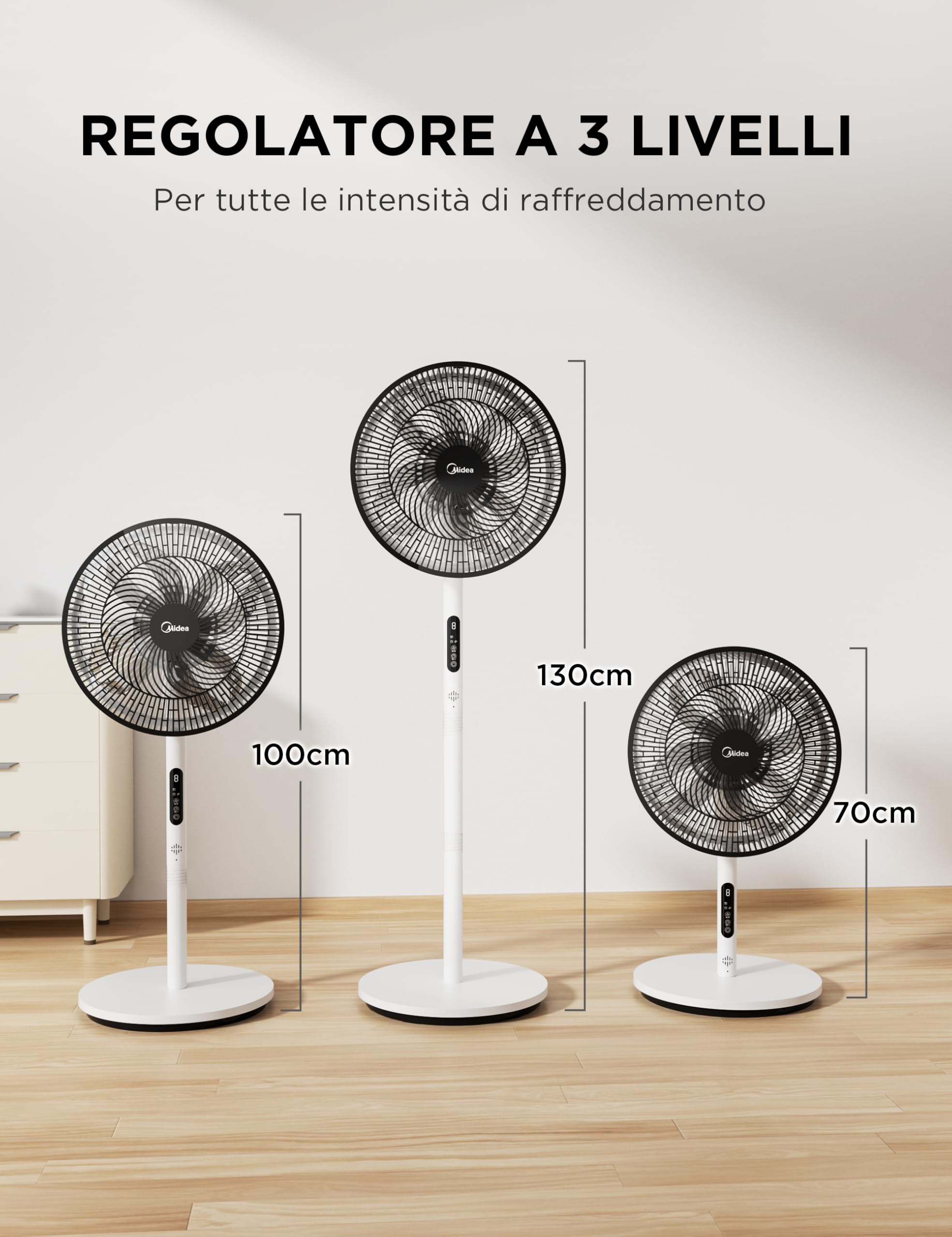 Midea Leiser Standventilator FS35-26XRDSE(BW) DC-Motor, 8 Flügel, 9 Geschwindigkeitsstufen, Oszillation 85°, Timer 9 Stunden, Höhe verstellbar