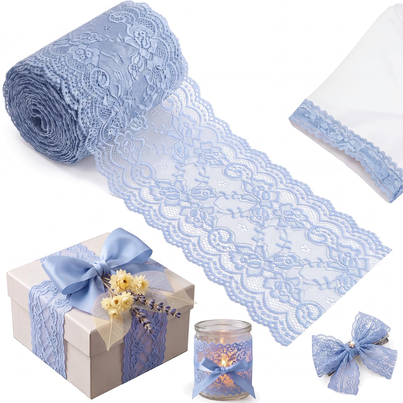 10 Yards Lace Trim Ribbon 6" Width Stretchy Lace Ribbon,Light Blue