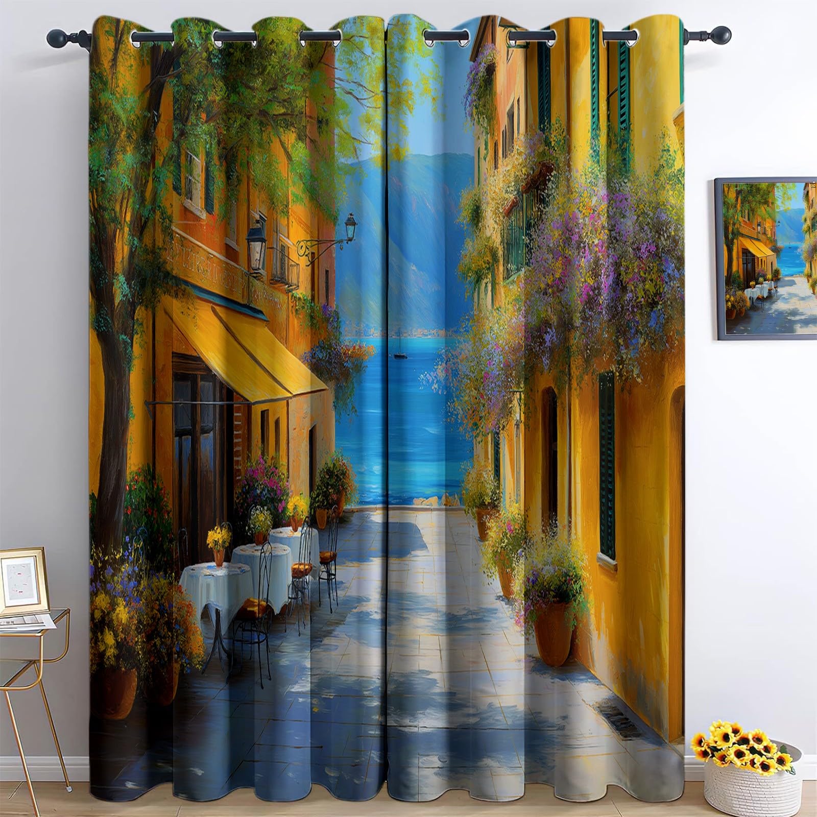 Zestaw 2 zasłon zaciemniających 91,5 l x 214 H cm (dł. x wys.) z izolacją termiczną z oczkami, dekoracja na wybrzeże, stół pejzażowy, do sypialni, salonu, zabiegów dzieci, żółte zasłony wewnętrzne
