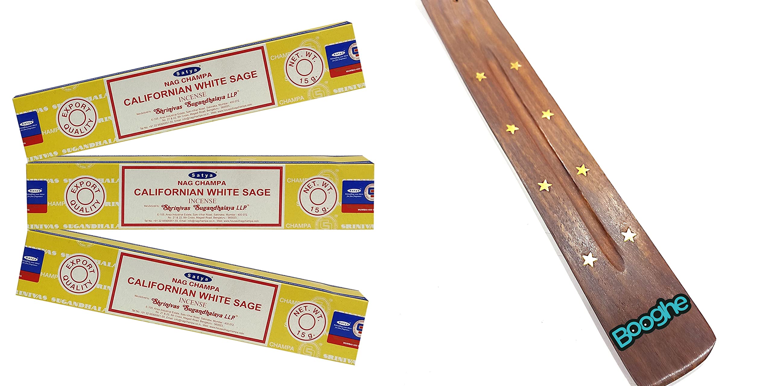 Satya Nag Champa Incense Sticks | x3 pack | with Booghe incense sticks holder (Californian White Sage)
