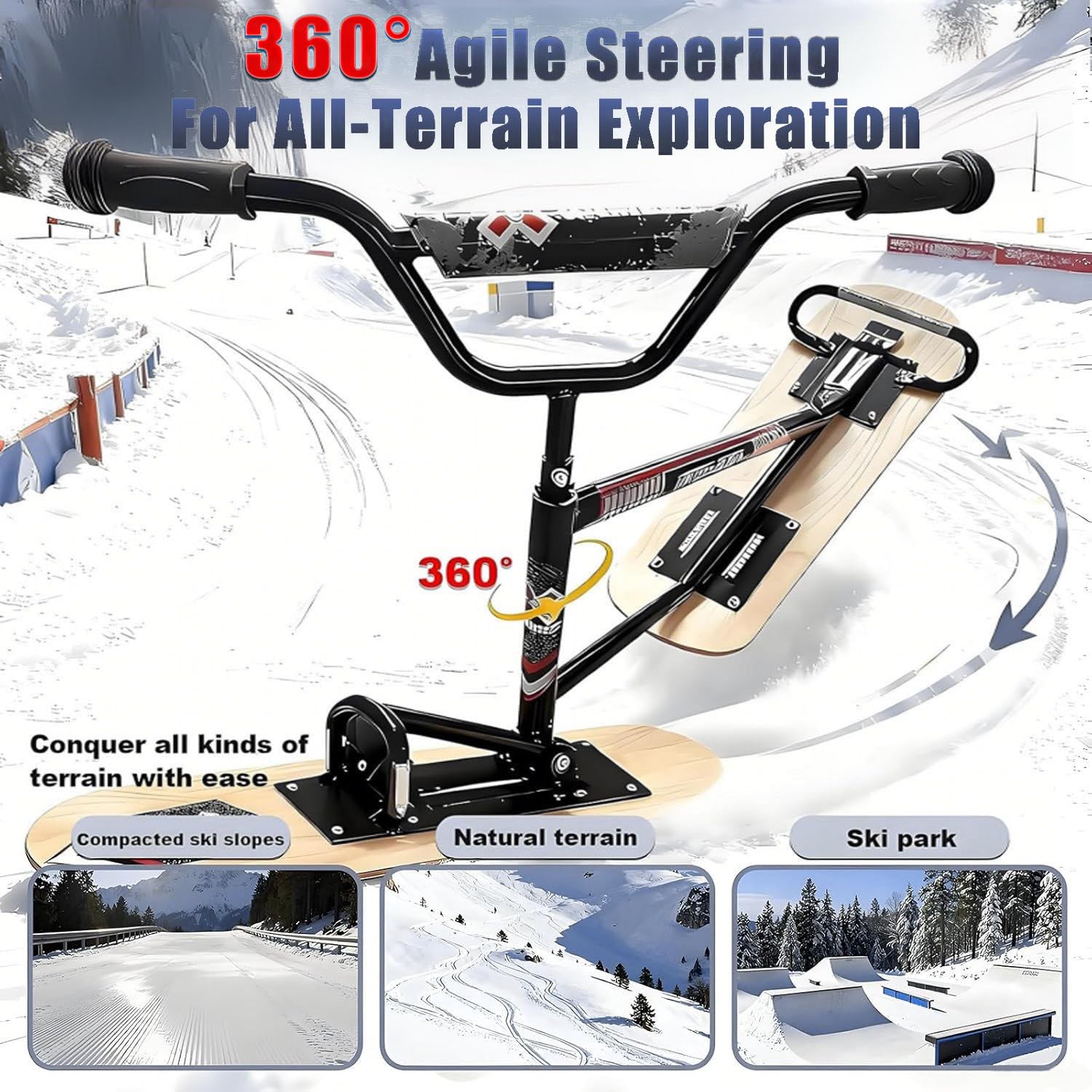Monopattino Da Neve Girevole a 360° per Adulti E Adolescenti, Snowboard Con Design a Doppio Sci per Una Maggiore Stabilità, Slitta Invernale Adatta a Tutti I Terreni, Peso Massimo 330 Libbre B