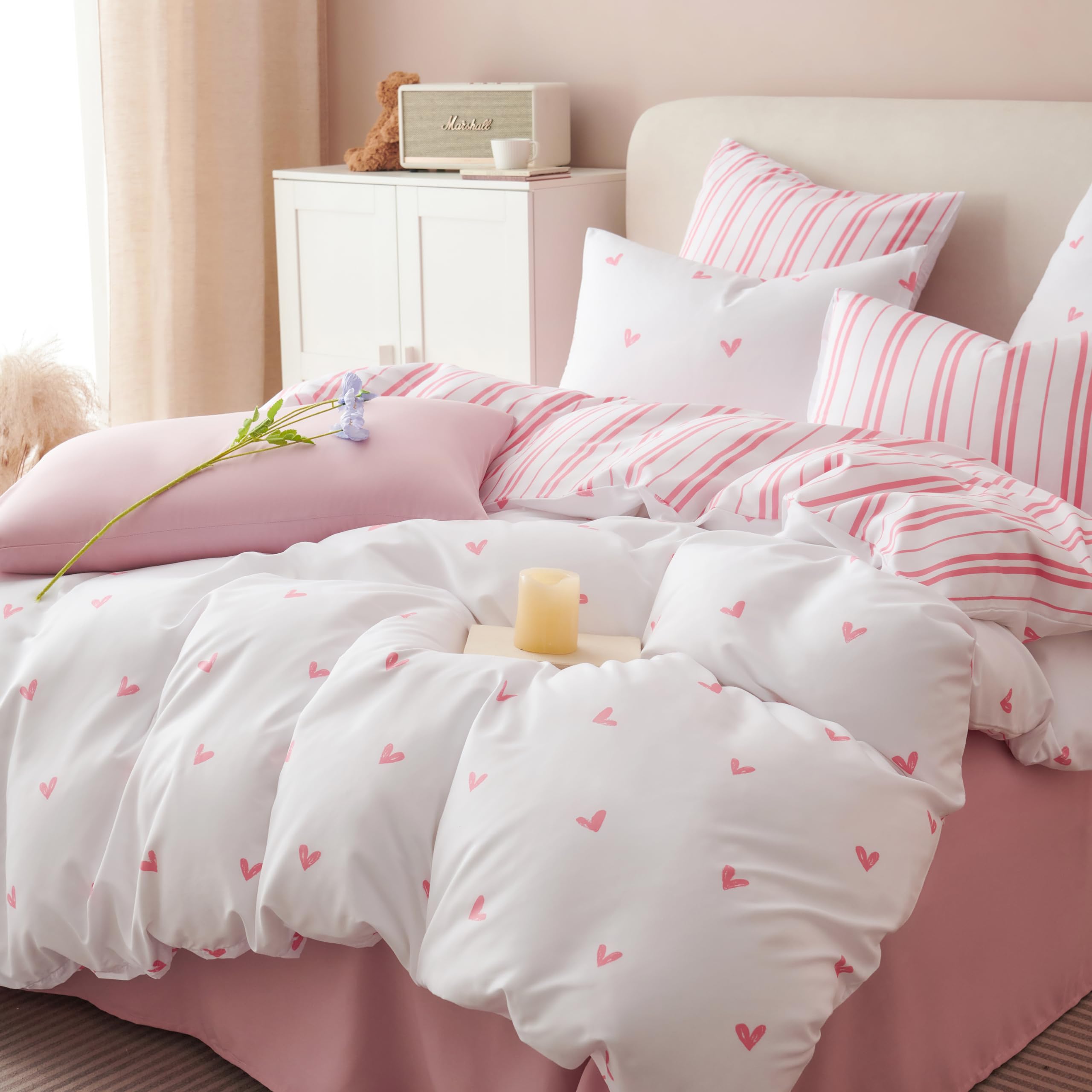 Heart Duvet Cover Twin Pink White Striped Reversible Bedding Set