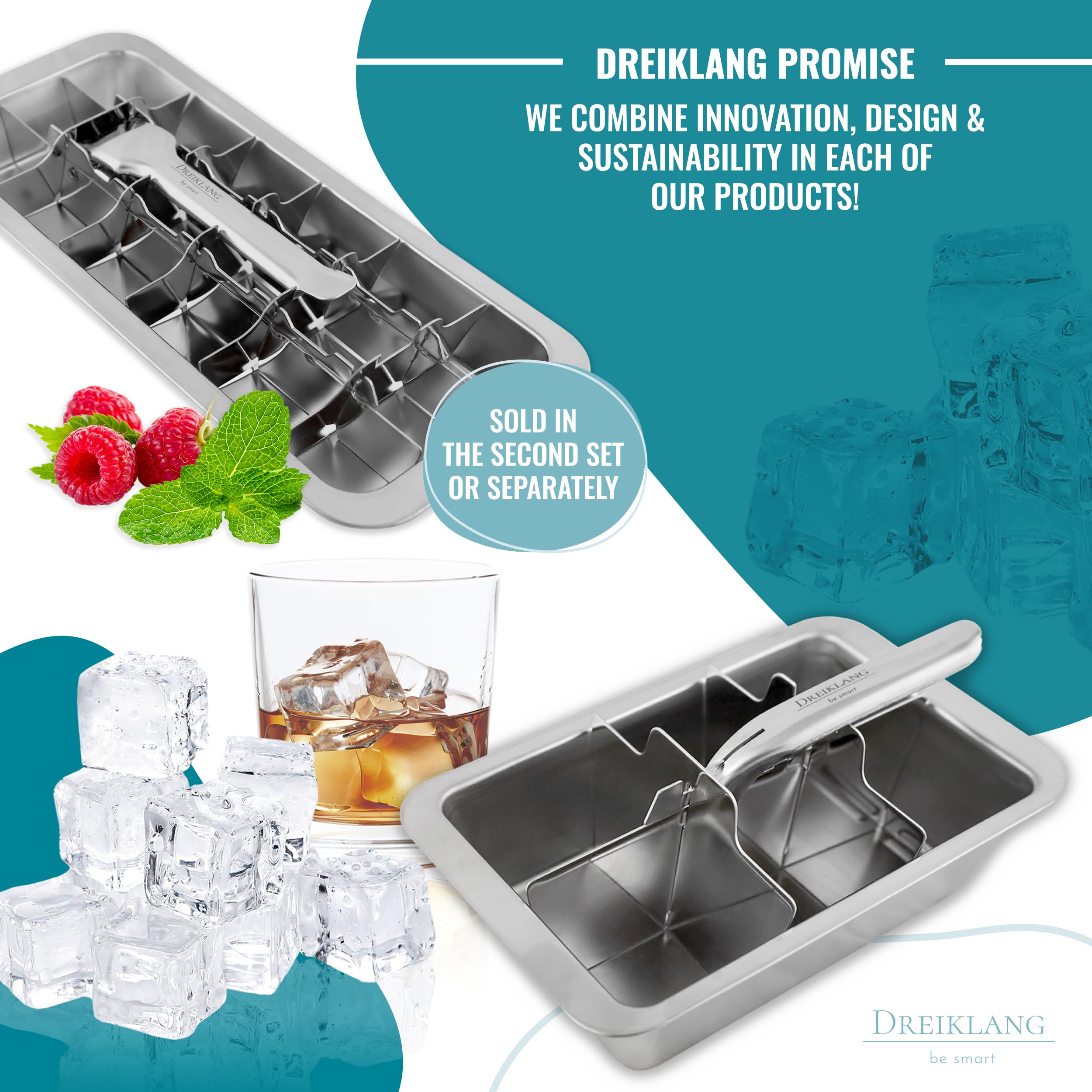 Dreiklang - be smart Edelstahl Eiswürfelform 2er Set 18/8 poliert mit Hebeleinsatz – Ice Cube Form plastikfrei & lebensmittelecht für 36 Eiswürfel