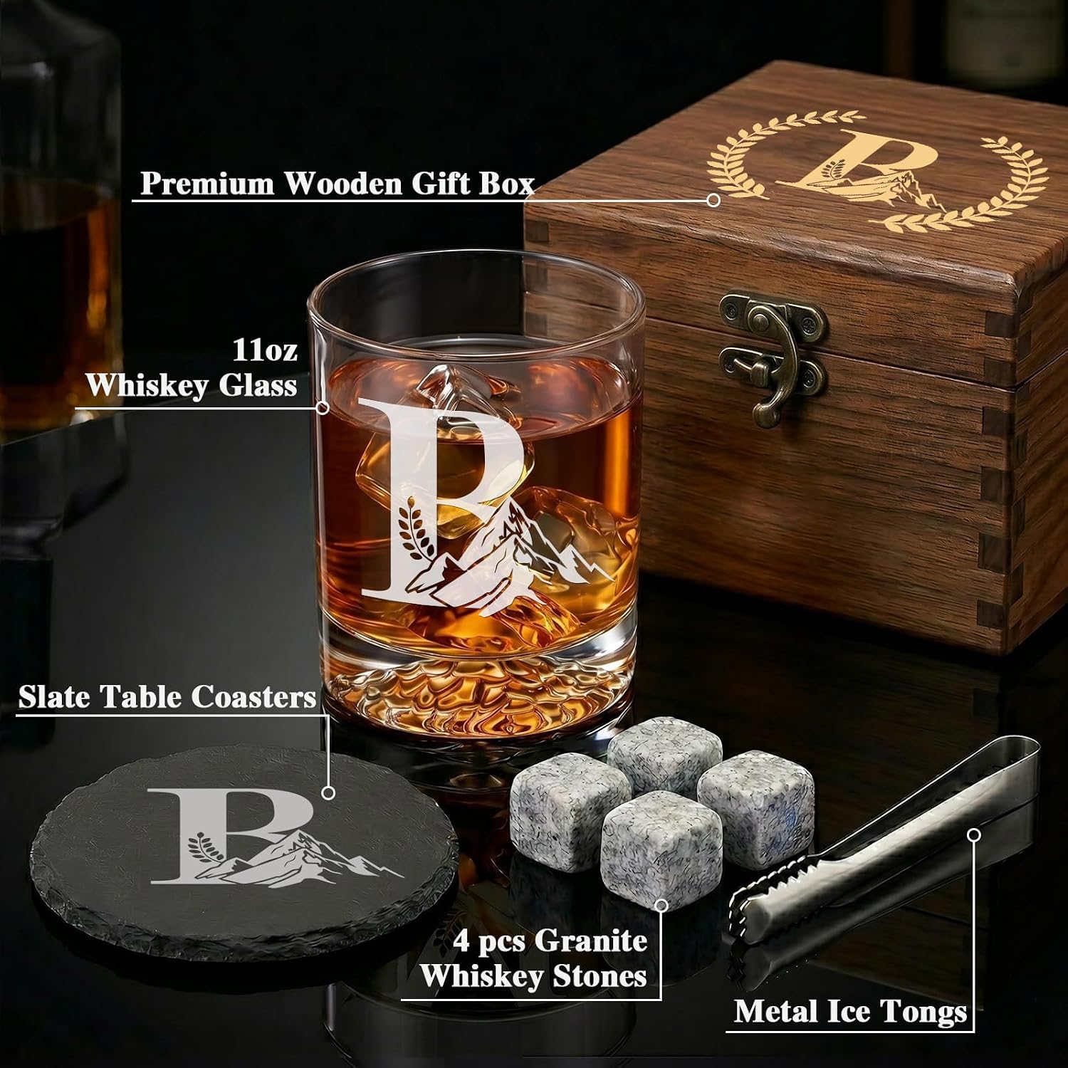 Personalized Whiskey Glass Gift Set for Men – Monogrammed Initial Rocks Glass with Slate Coaster, Wooden Box & Whiskey Stones, Birthday Father's Day for Him Dad Husband (B)