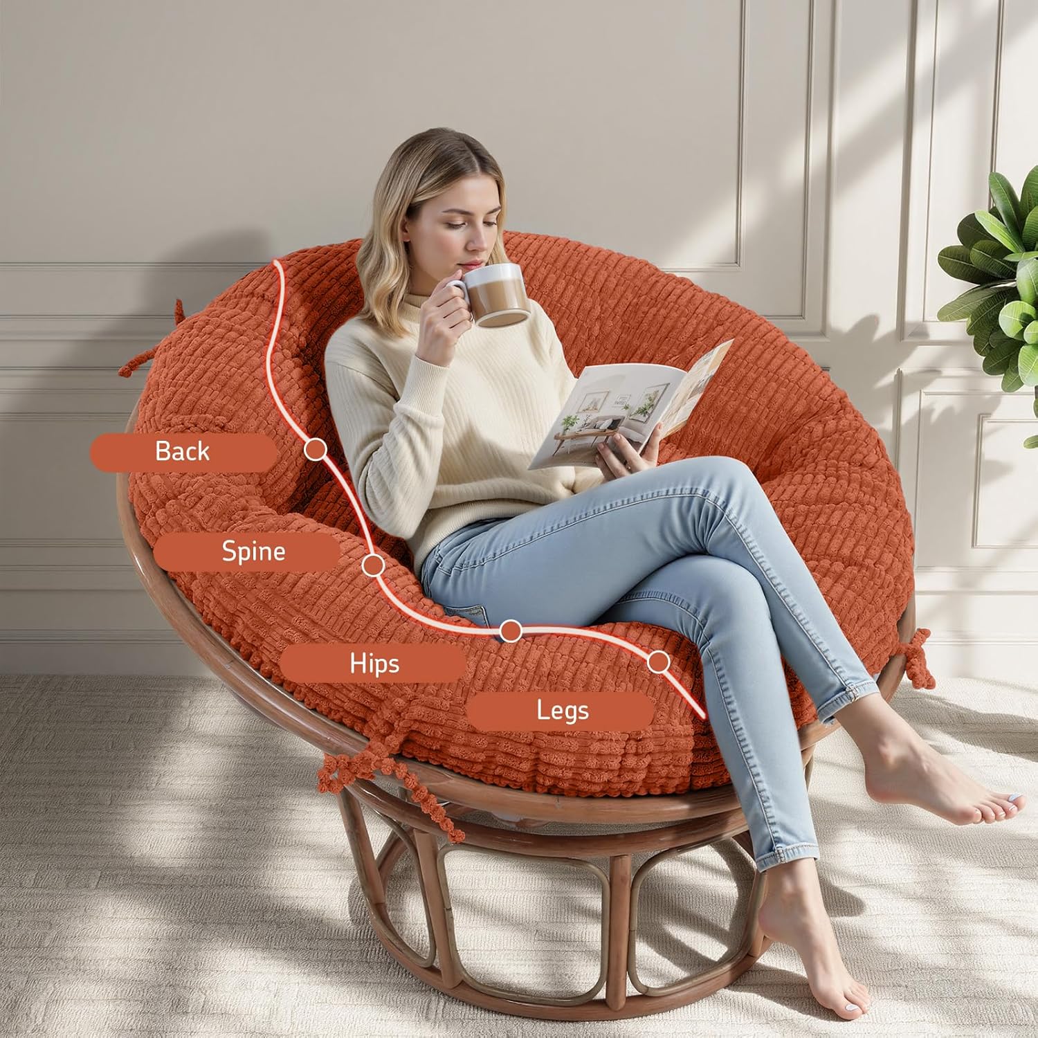 idee-home Papasan Chair Cushion, Circle Papasan Cushion Soft Corduroy (Without Chair) Replacement Indoor& Outdoor for Egg Bowl Chair, 48 X 48 Inch, Orange