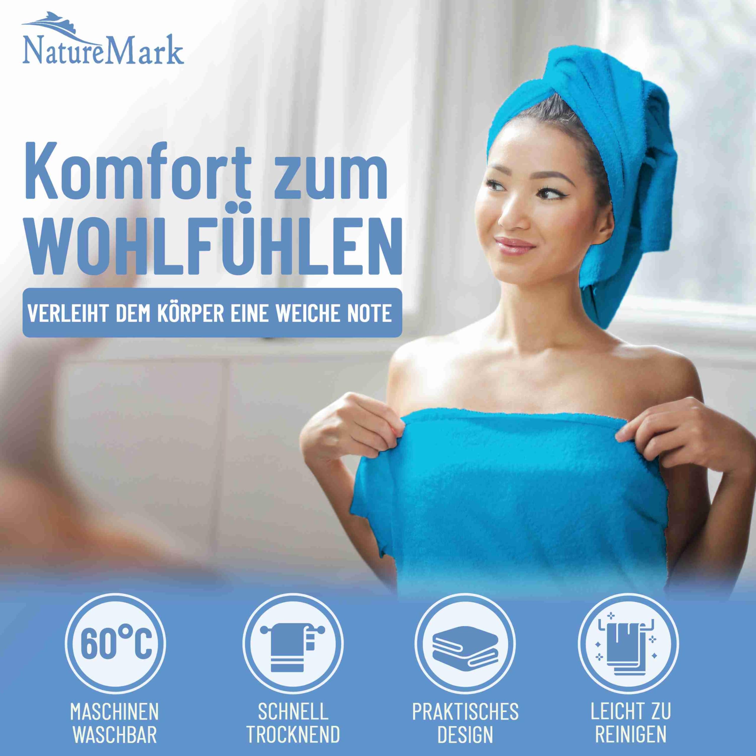 NatureMark ASCIUGAMANI PREMIUM/ASCIUGAMANI DA BAGNO in 100% cotone, morbidi, resistenti, con asola per appendere – set da 2, 100x150 cm, Colore Turchese