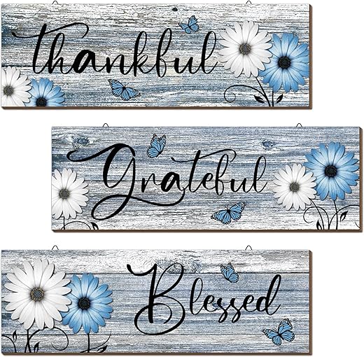 Geetery 3 Pcs Thankful Grateful Blessed Wooden Signs Rustic Daisy Wood Wall Decor Inspirational Wall Art Signs Rustic Wooden Hanging Decorations for Bedroom Kitchen Living Room Bathroom Home (Blue)