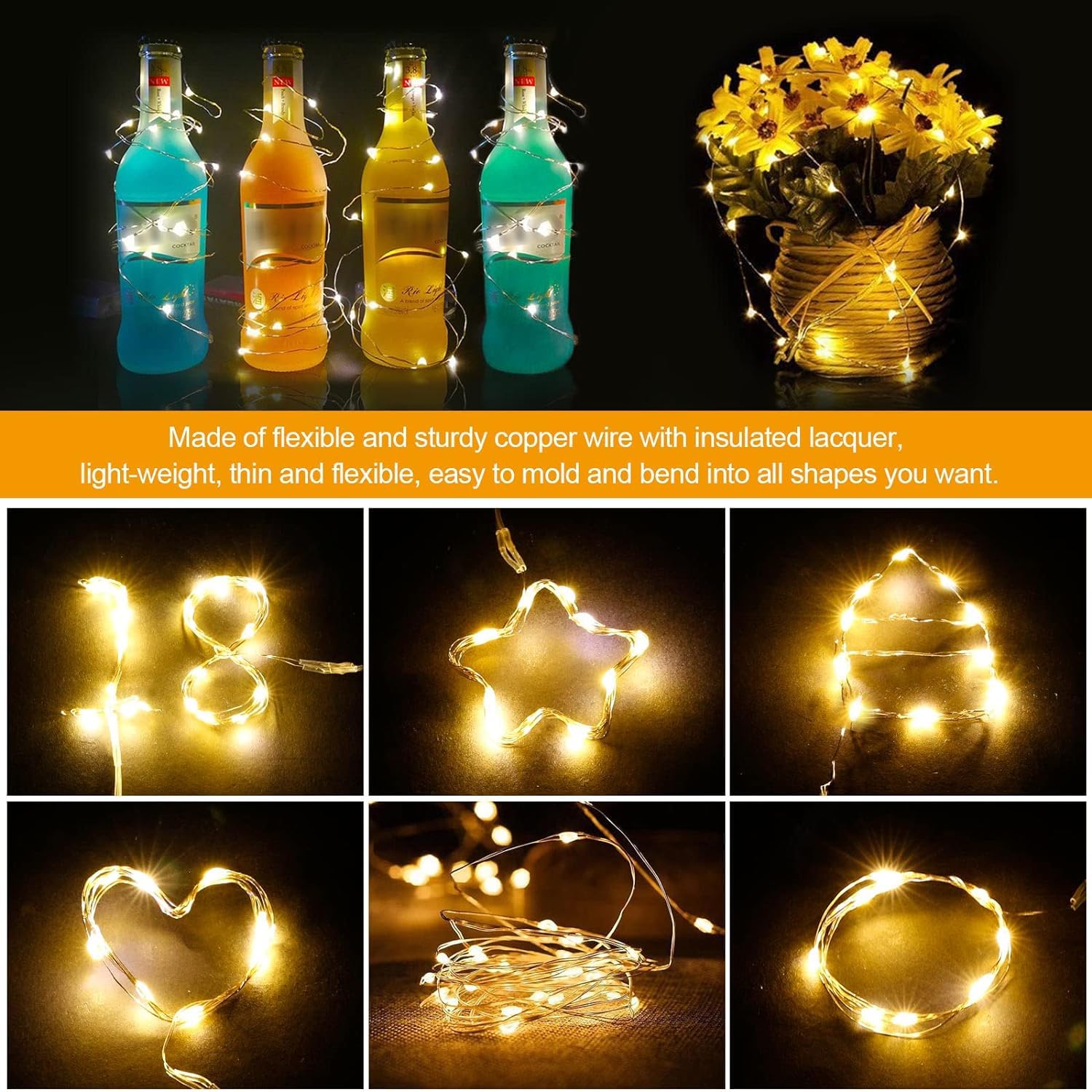 Guirlande Lumineuse LED à Piles - Lot De 20 Fils Cuivre 1m, 10 LEDs Blanc Chaud, IP65