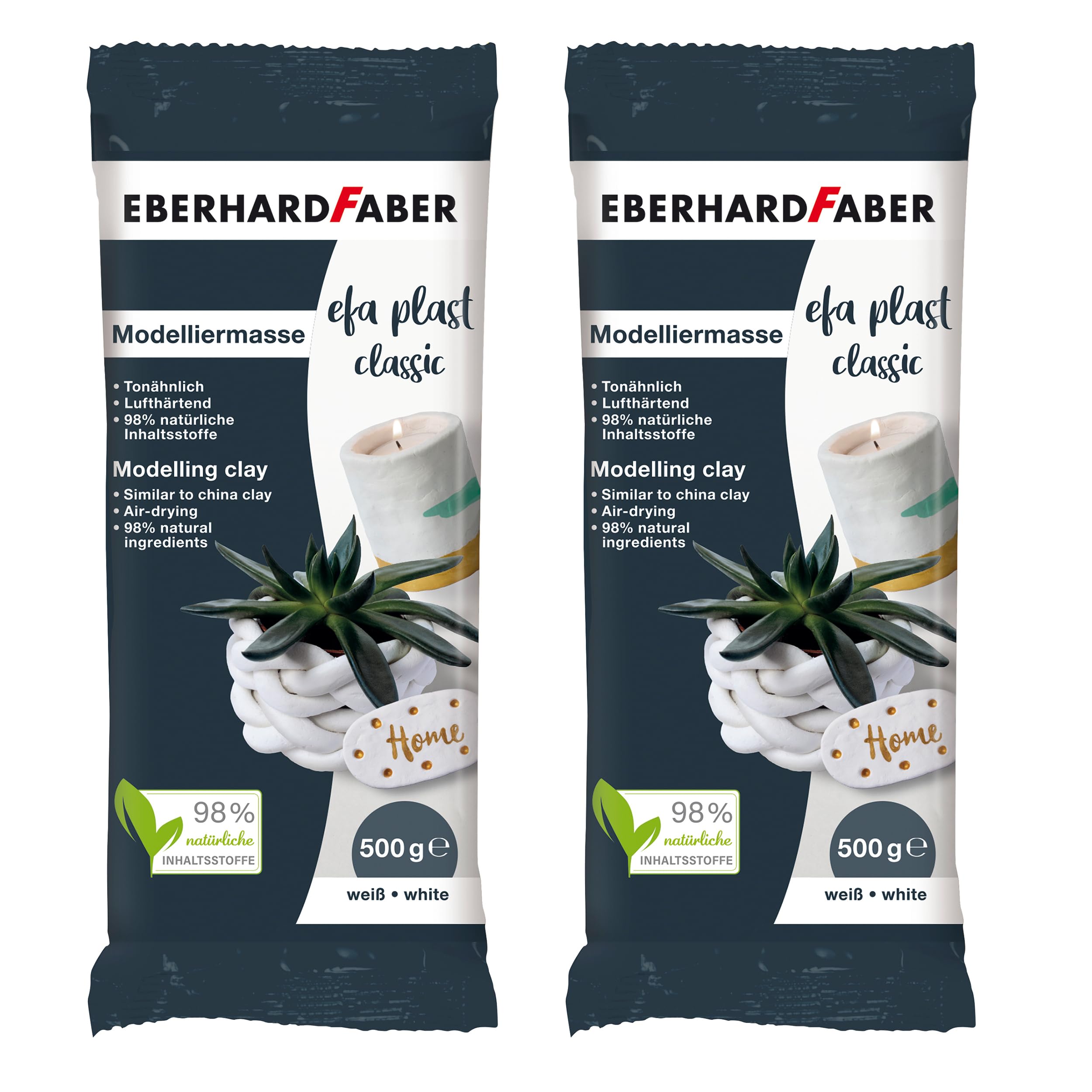 EBERHARD FABER 599025 - Pasta de modelar blanca de secado al aire, 2 x 500 g EFA Plast Classic Pasta de modelar