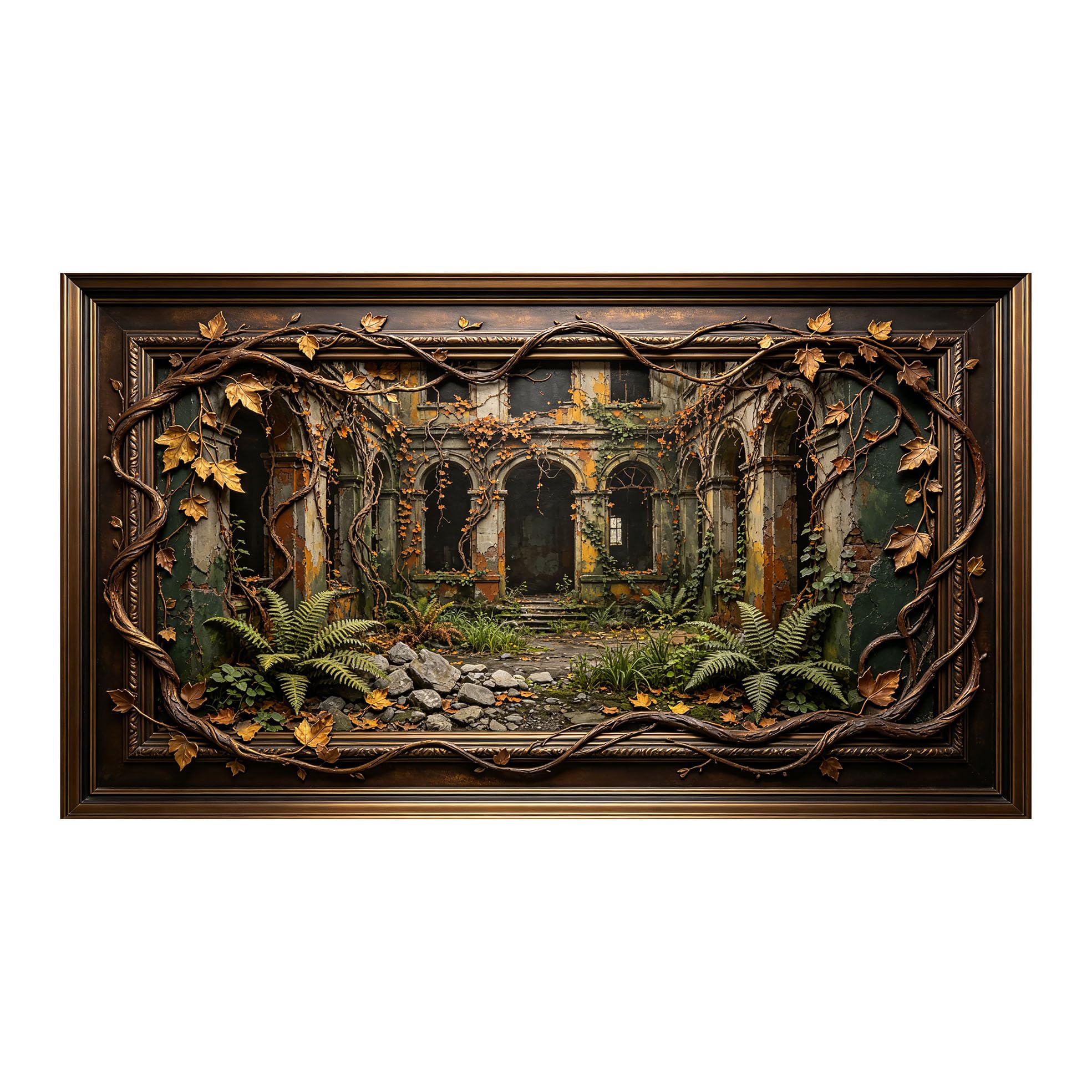 Murasolite 3D Framed Wall Art Abandoned Courtyard European Classic Botanical Relief Effect SelfAdhesive Fabric Mural Wall Decor,No Damage to Wall,AntiFall Safe Design for Bedroom Living Room