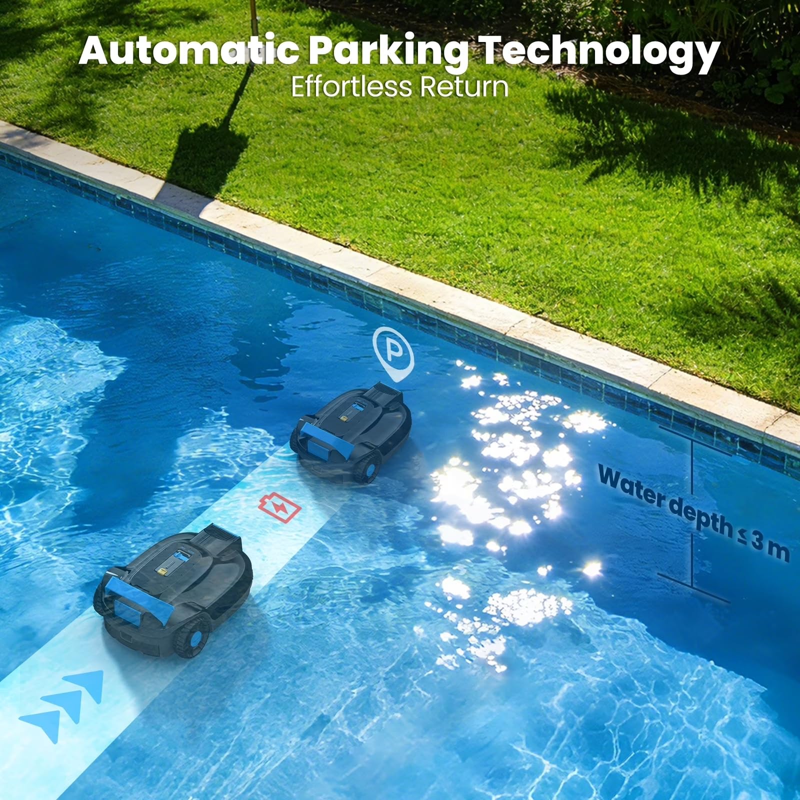 Robot pulitore per piscine senza fili, robot automatico per piscine fuori terra e interrate, autonomia di 100 minuti, aspirazione potente, pulitore per piscine autoparcheggiate per pavimenti piani