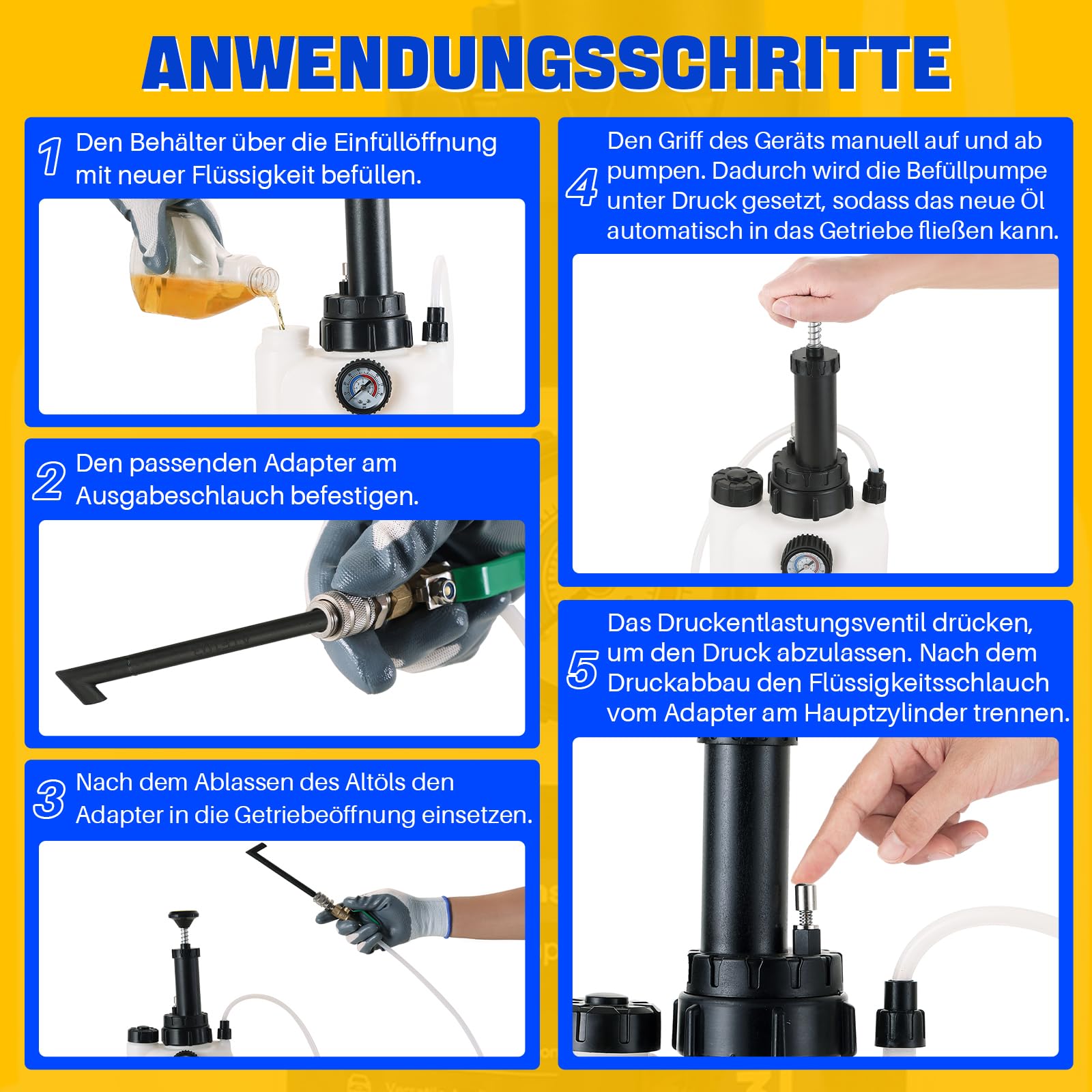 DASBET 3L Getriebeöl-Füllpumpe Set, manuelle Getriebeöl-Transferpumpe | mit Manometer und 12 ATF-Adaptern, Automatikgetriebe-Ölspender Werkzeug für Fahrzeugwartung