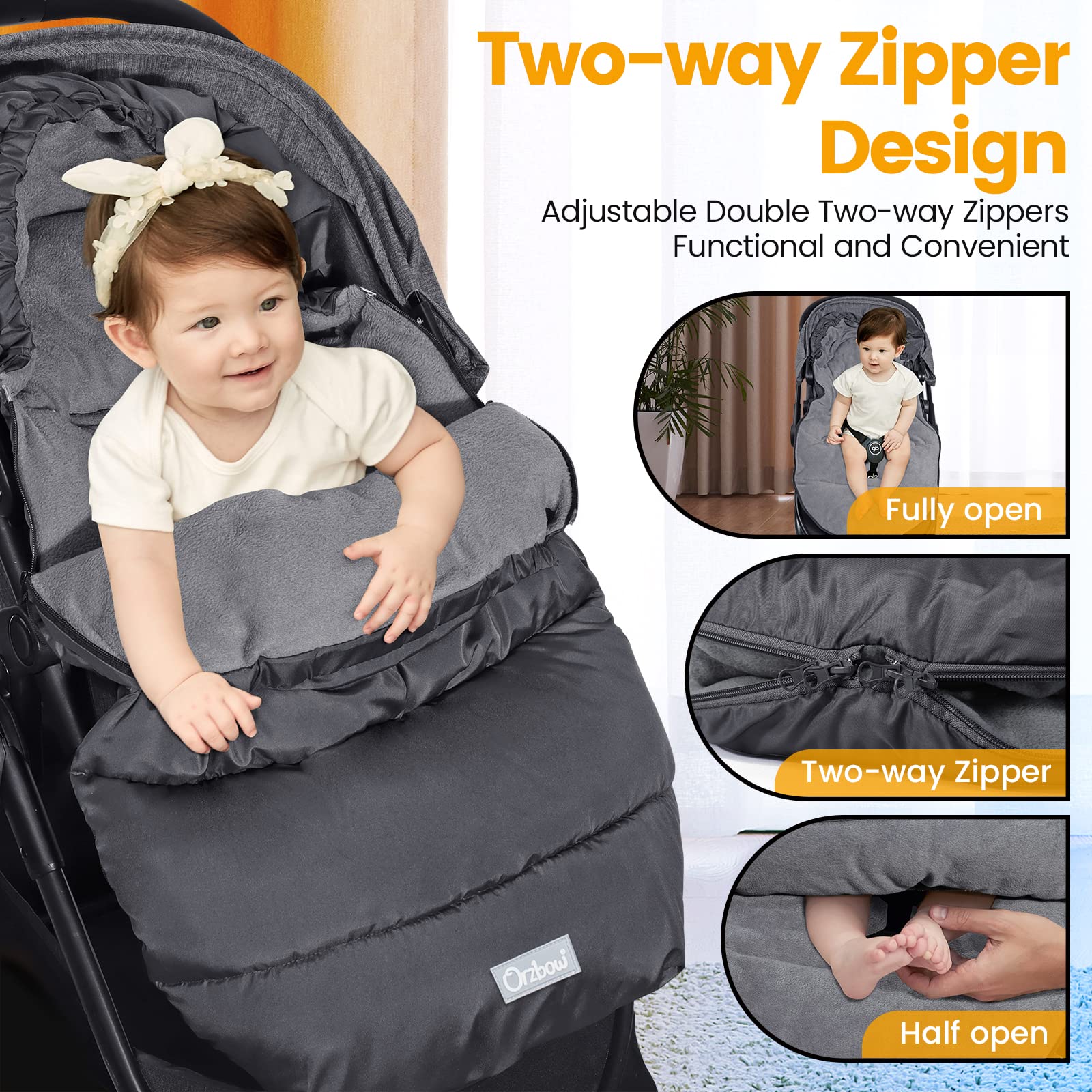 Orzbow Sacco Invernale Passeggino Universale, Coprigambe Passeggino Universale Sacco Termico Passeggino Invernale con Cerniera, Pile, Impermeabile & Staccabile, Lavabile in Lavatrice, Nero