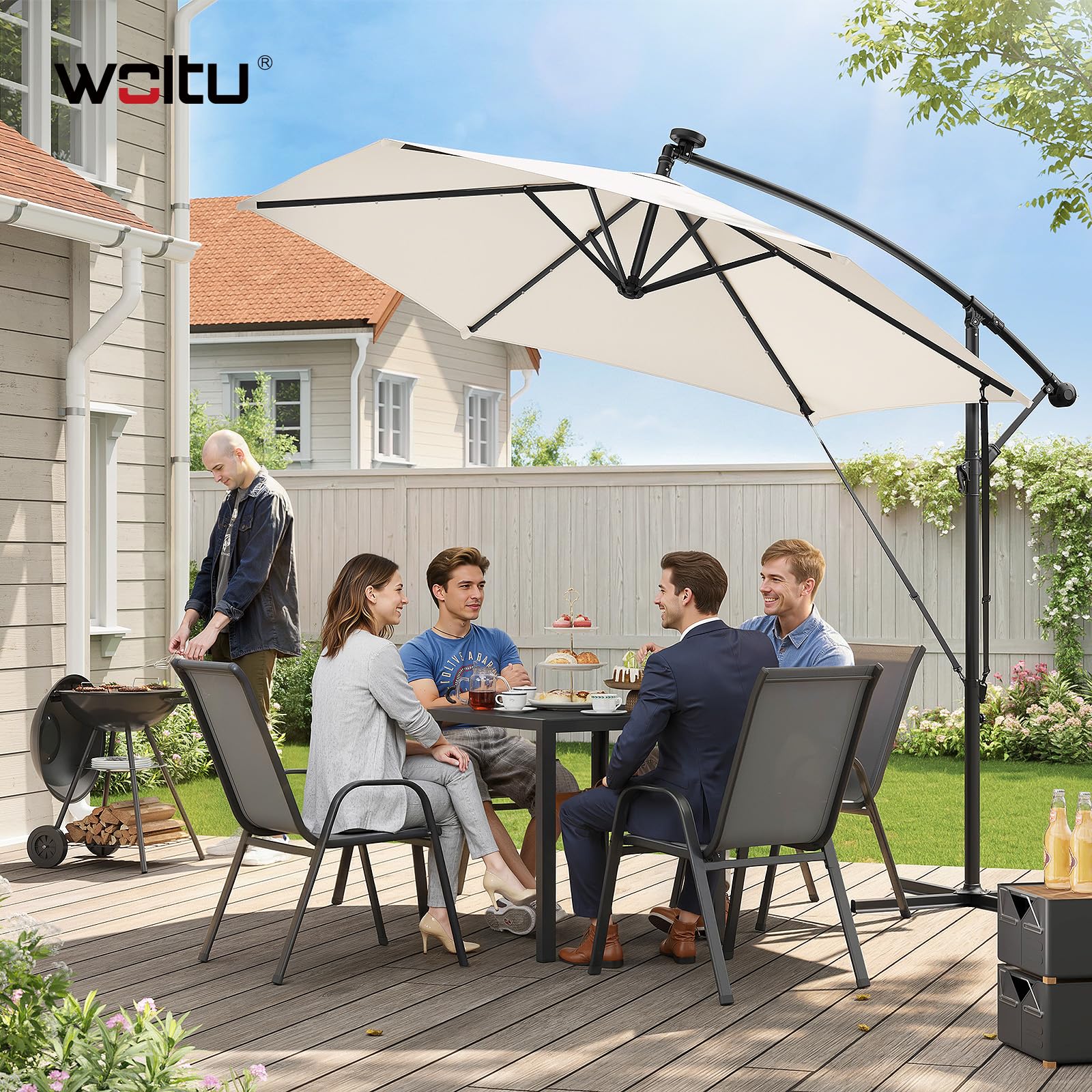 WOLTU Sonnenschirm 300 cm, mit Solar-LED-Beleuchtung, Ampelschirm rechteckig 360° drehbar, Sonnenschutz UPF 50+, mit Windschutzseilen Schutzhülle, für Balkon Garten Terrasse, Beige