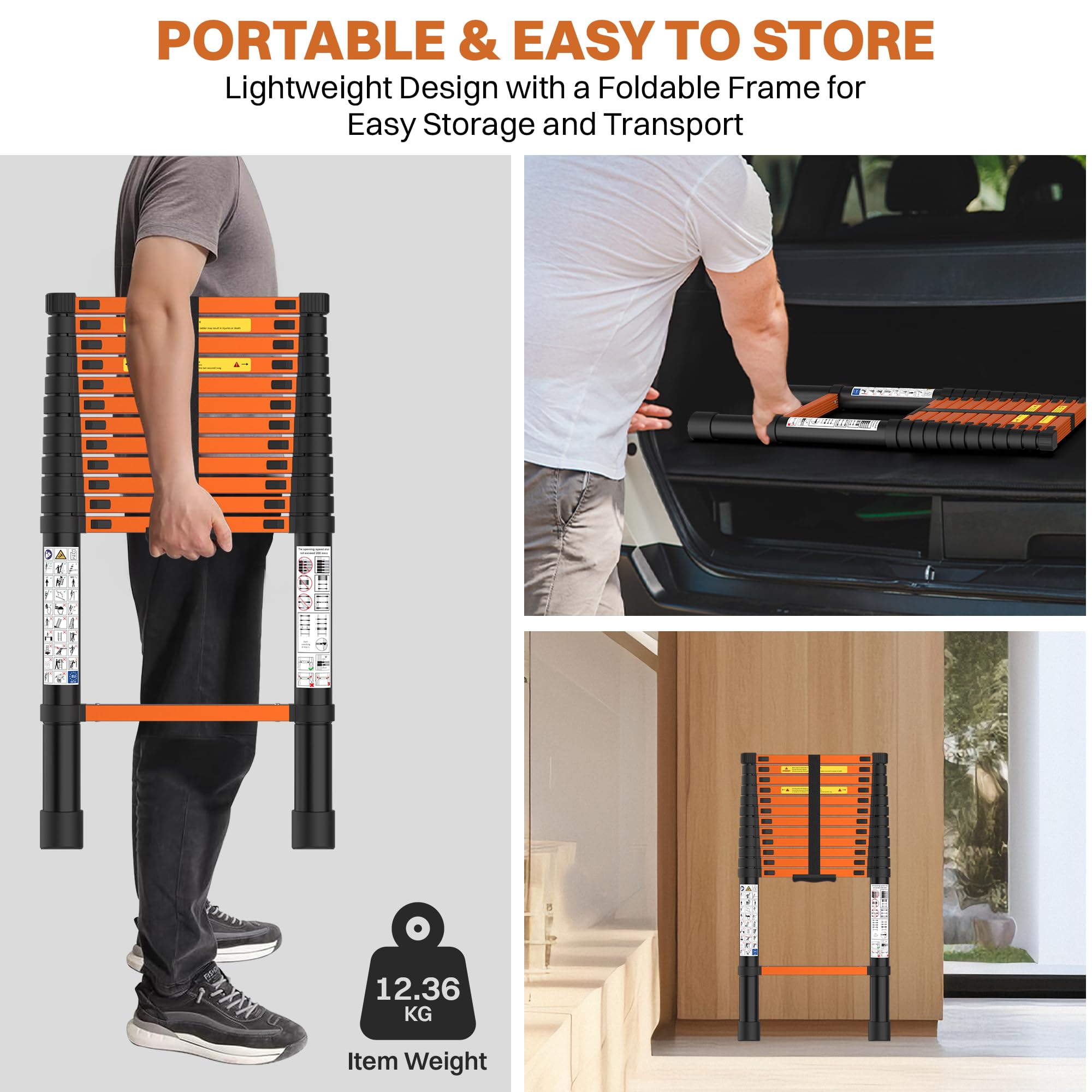 BonKaso Telescopic Ladder, 3.8m / 12.5Ft, 13 Steps – Heavy-Duty Foldable Alloy Steel Ladder | Anti-Slip, 150kg Load Capacity, Rustproof & EN131 Certified – Matt Black & Orange — Amazon image 5