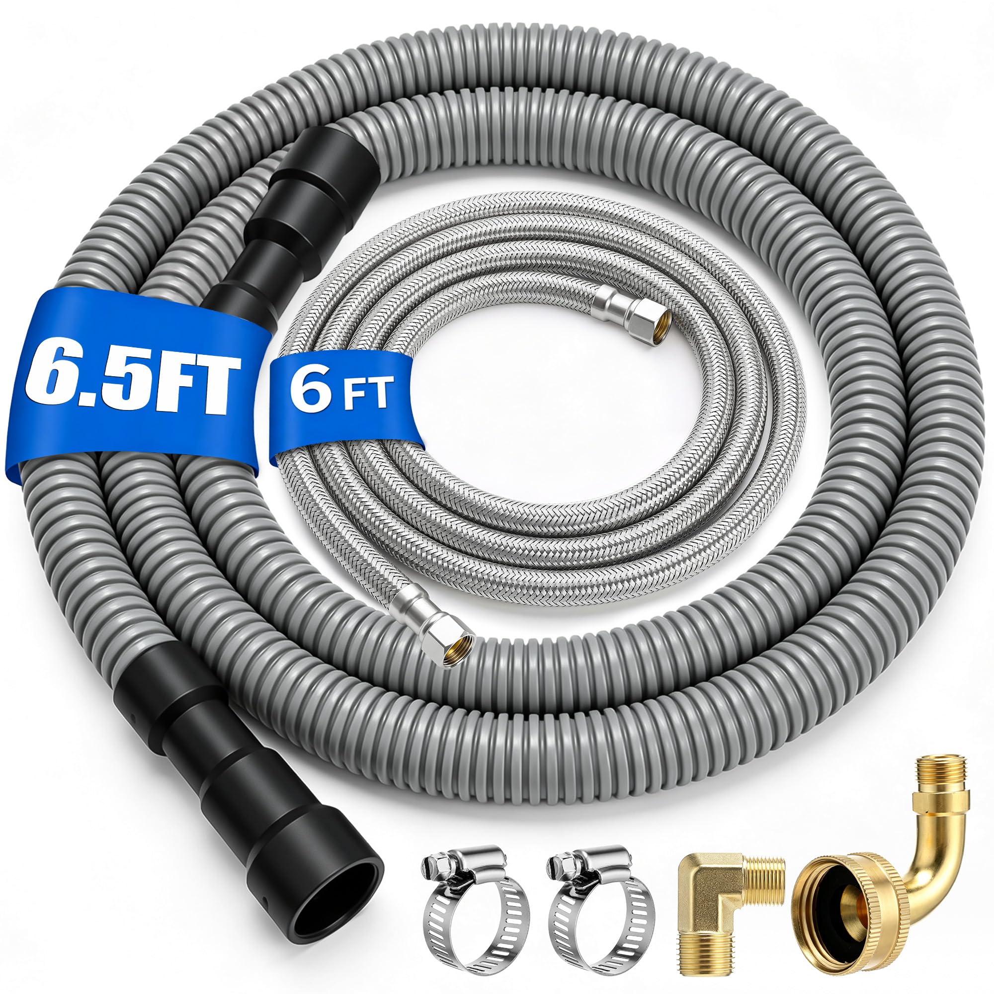 Universal Dishwasher Installation Kit, 6 Ft Braided Stainless Steel Supply Line, Dishwasher Drain Hose with 2 Brass Connectors &amp; 2 Clamps, install Hose Kit Fits 11/16", 1" and 1-1/8"