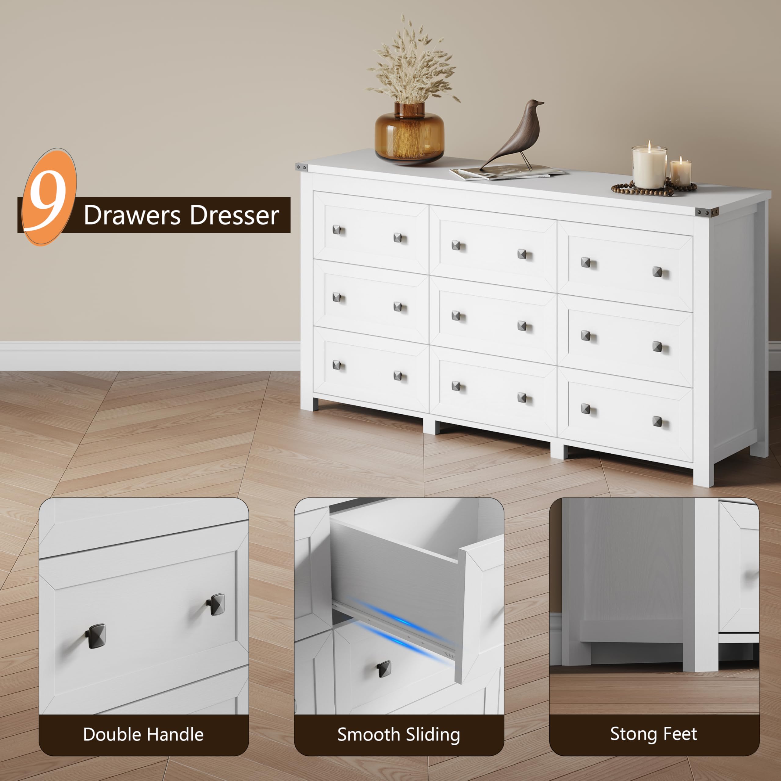 Amazon.com: Dresser for Bedroom with 9 Drawers, Farmhouse Wood Chest of  Drawers, Wide TV Stand Closet Storage Furniture with Metal Handle, Modern  Clothes Organizer for Hallway, Living Room, Entryway, White : Home