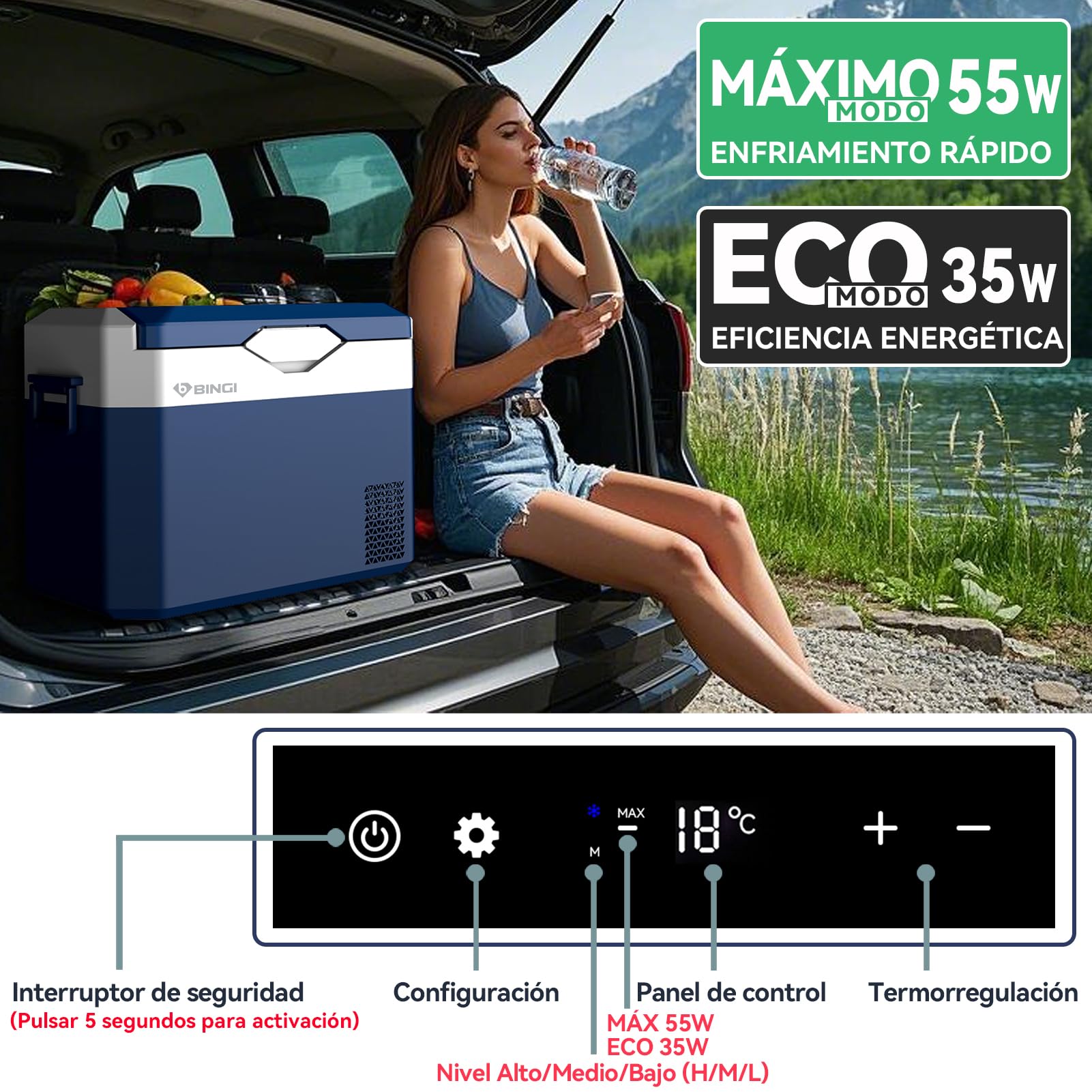 BINGI Nevera Portátil Eléctrica 30L,Nevera y Congelador Compresor Portátil,Refrigerador de Coche 12V/24V,mini frigorífico CA 220v Para Hogar,Conducción,Camping,Viajes,Barco,-18ºC a 15ºC