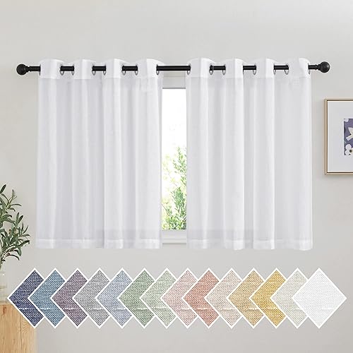 NICETOWN Cortinas cortas blancas para ventanas pequeñas, con ojales, mezcla de lino semitransparente, cortinas y cortinas de cocina casuales y
