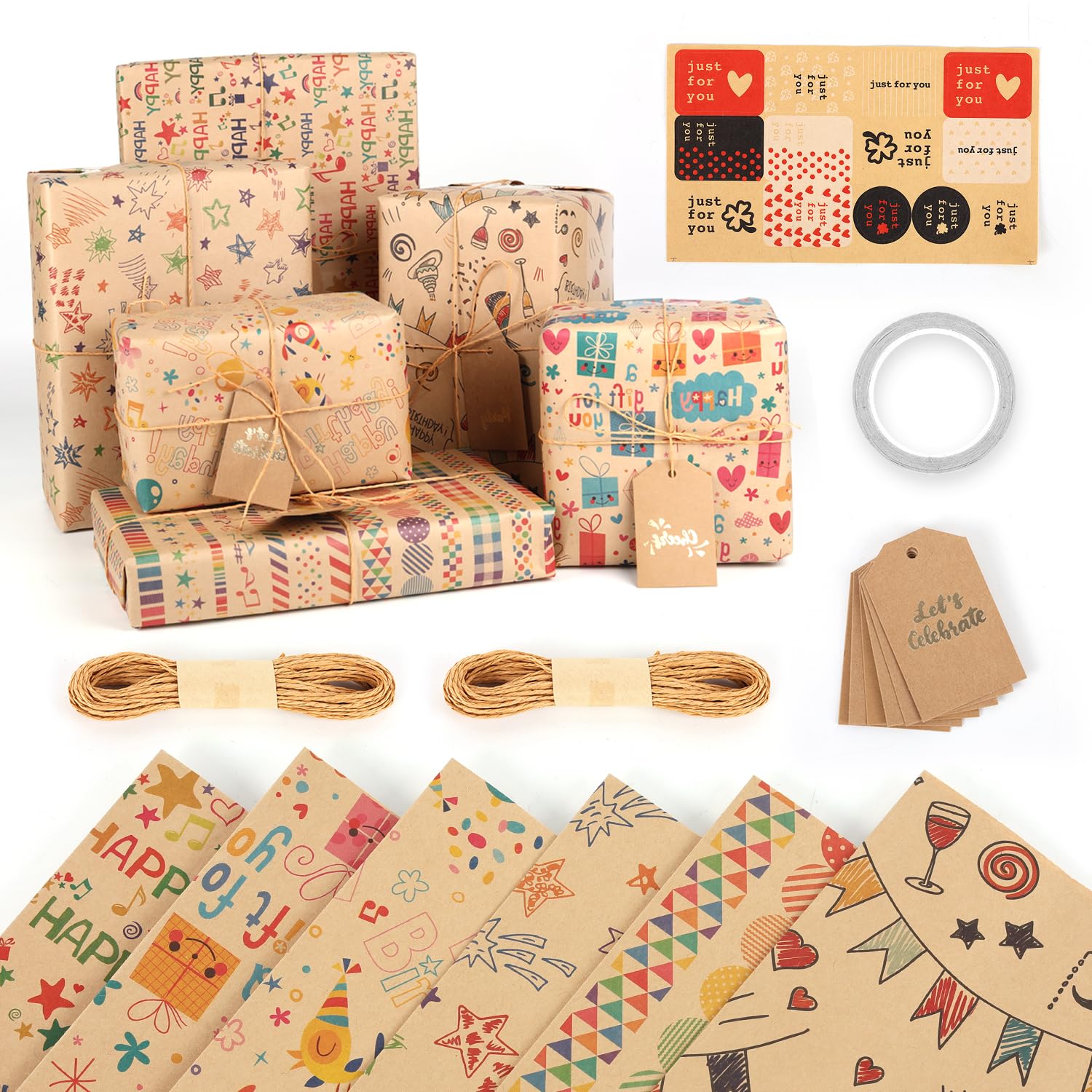 MLABINYA 6 Sheets Kraft Wrapping Paper Set with Tags and String, Mixed Pattern Birthday Gift Wrap 50x70cm, Colourful Recyclable Paper for Christmas, Mother's Day, Father's Day, Wedding