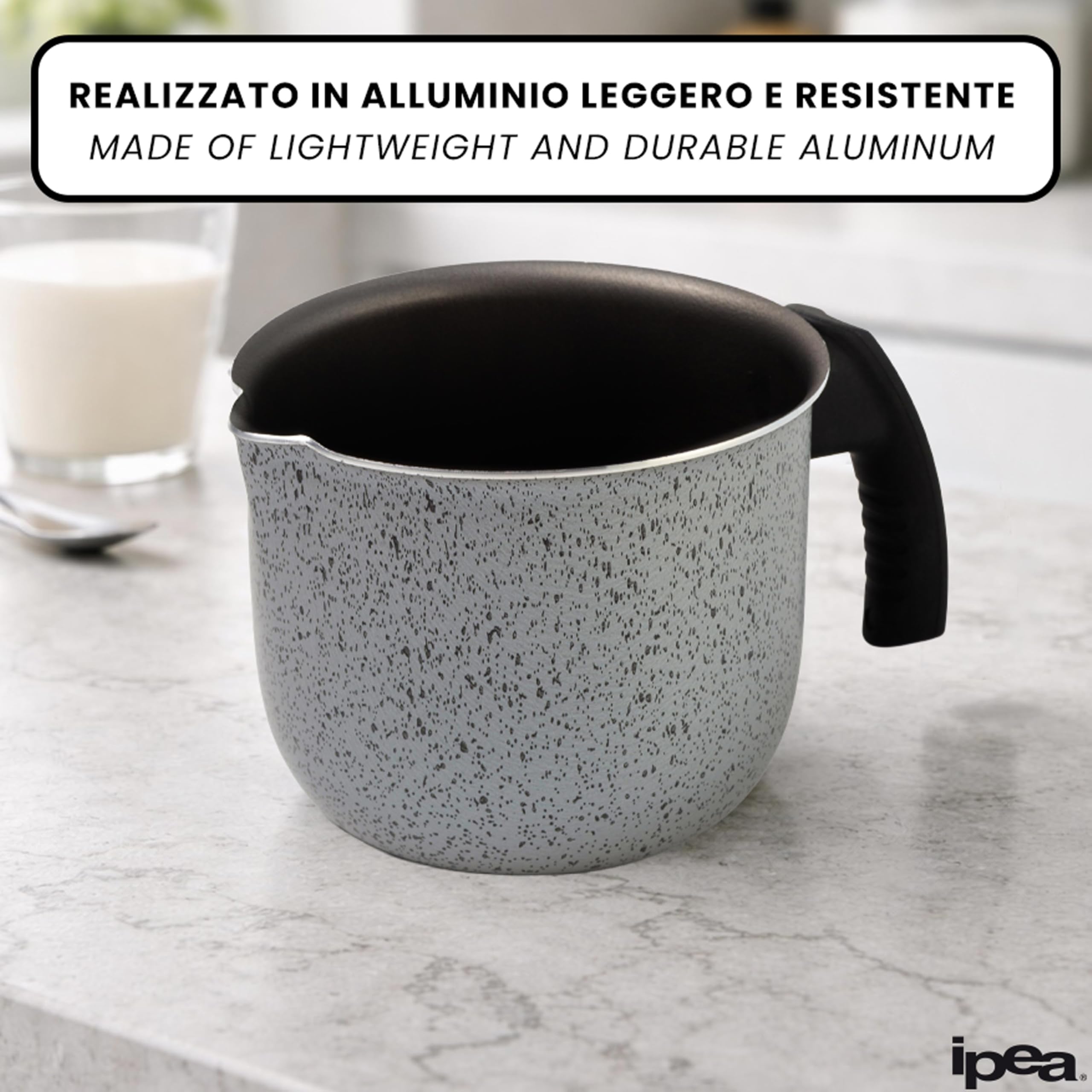 IPEA Bollilatte in Alluminio effetto Granito per Fornelli a Gas – 12 CM - Pentolino per Latte, Caffè e Cucina – Antiaderente con Manico Ergonomico –– Pentolino da Cucina Compatto - NO INDUZIONE