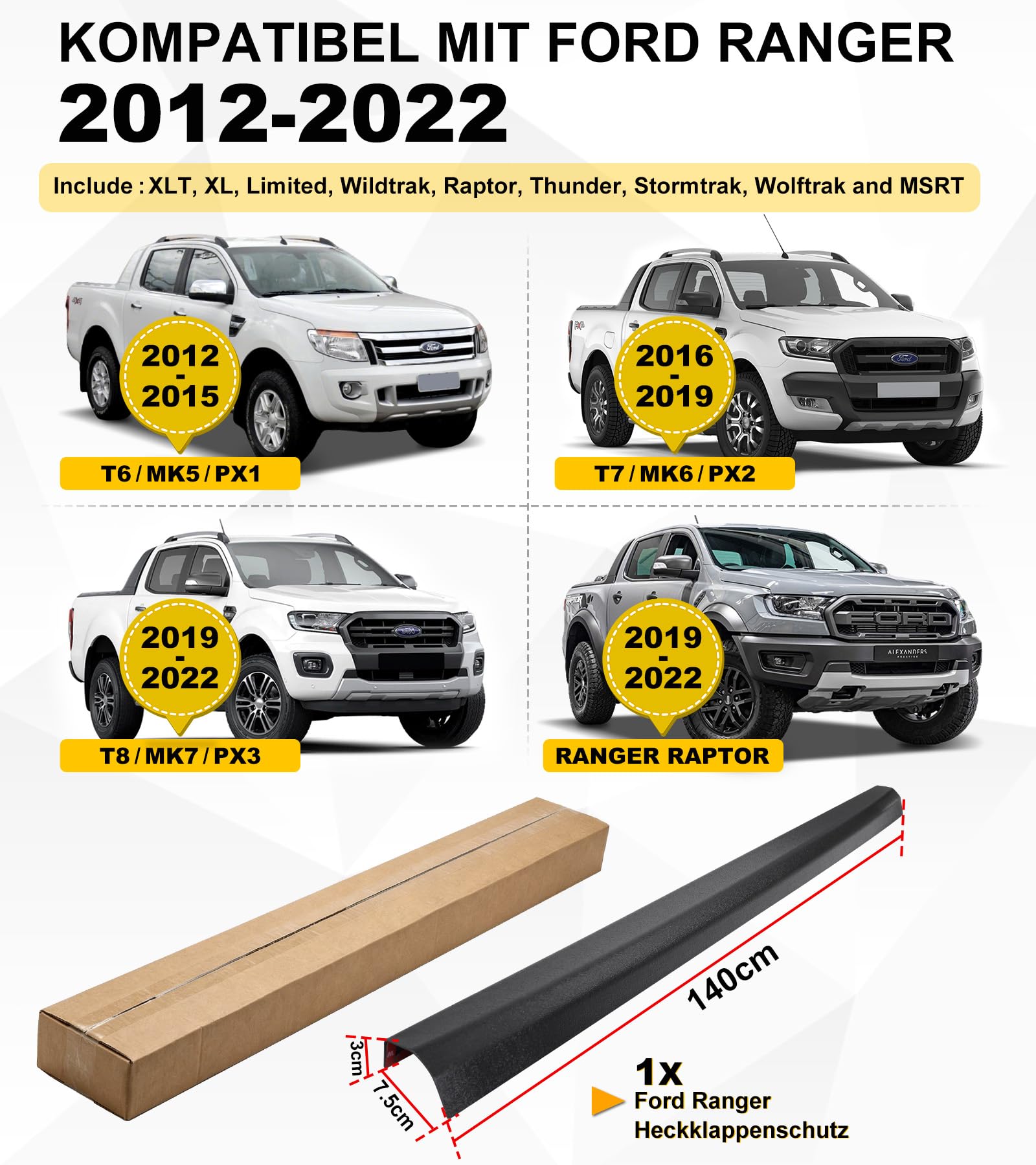 Heckklappen Schutzleiste Ladekantenschutz Zubehör für Ford Ranger 2012–2022 Wildtrak Raptor XL XLT Limited T6 T7 T8, Heckklappenschutz gegen Kratzer & Abnutzung, Wetterfest & UV-beständig
