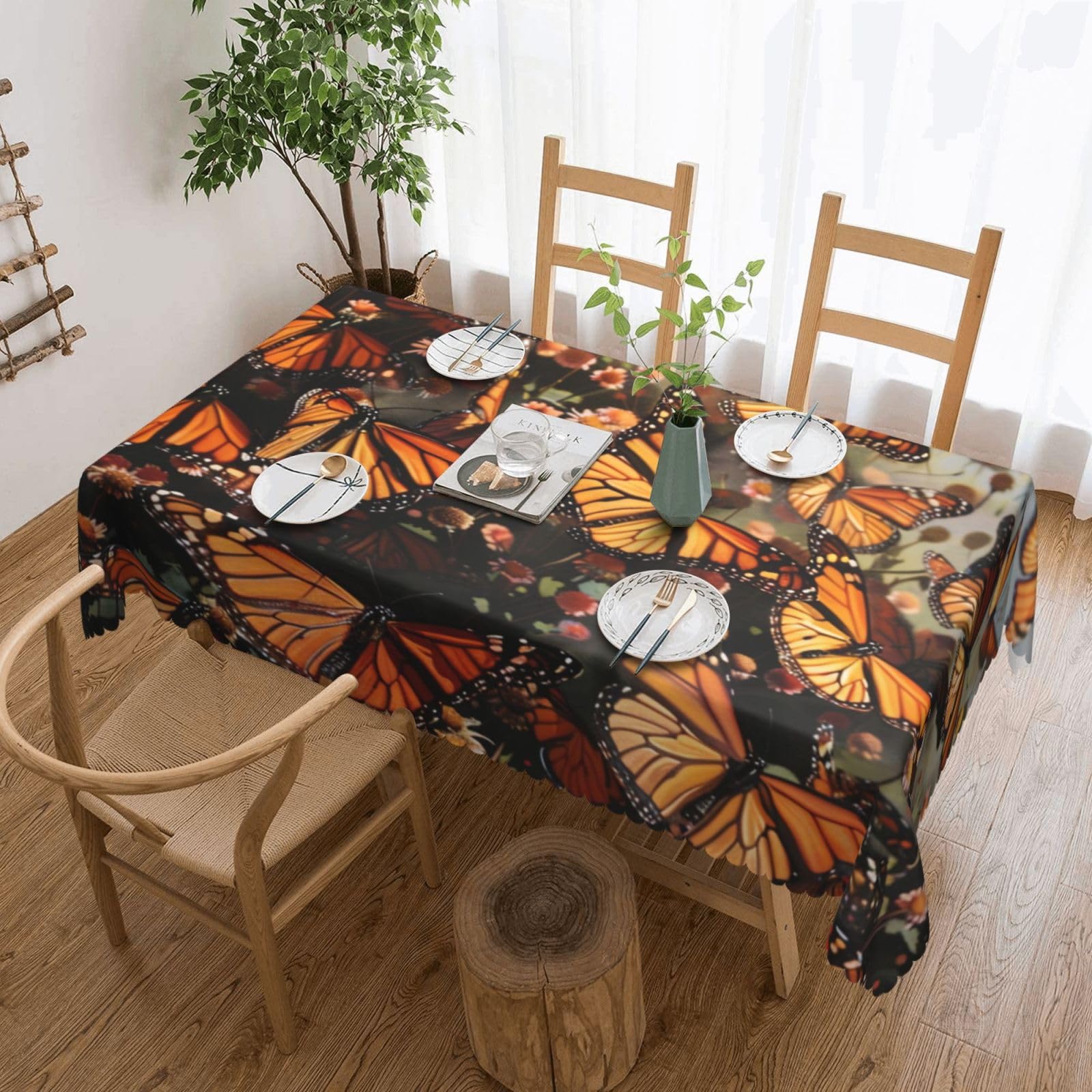 WPKJU Monarch Butterflies Printed Rectangle Tablecloth 72x54 Inch with Lace Trim, Water-Resistant Washable Table Cover for Farmhouse Weddings, Outdoor Picnics & Holiday Dining