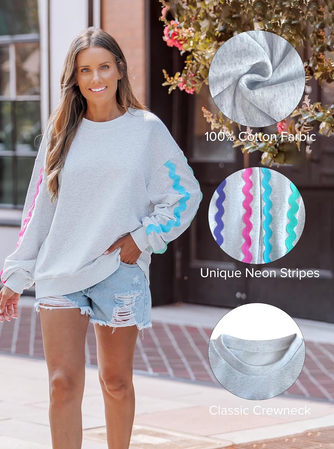 popvil Womens Crewneck Sweatshirts Oversized Neon Stripes Tops Casual Long Sleeve Pullover 2025 Fall Clothes - Image 4