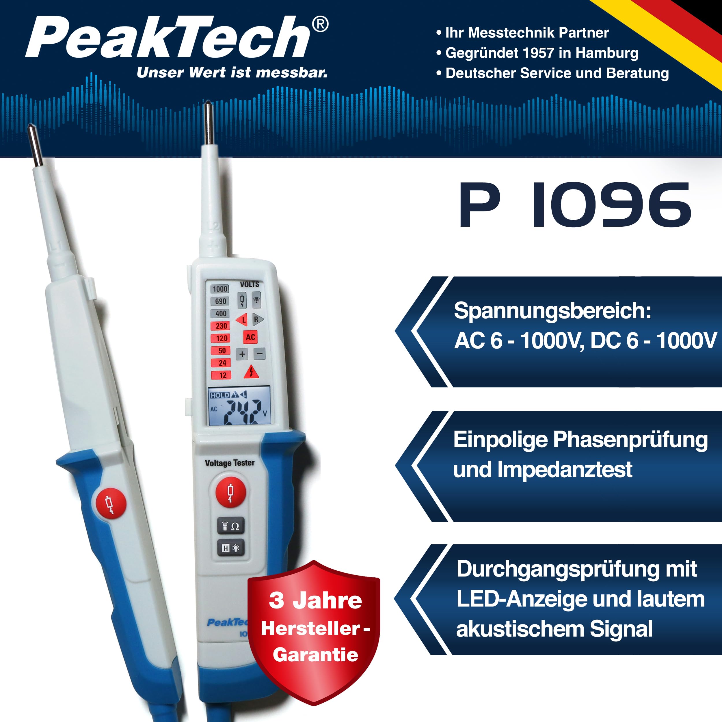 PeakTech P 1096 Stromprüfer Spannungsprüfer zweipolig + Dual Anzeige & FI-Test, Staub- & Wasser Schutz (IP64) LCD-Display + Taschenlampe, Durchgangsprüfer, Spannungsmesser 6V-1000V