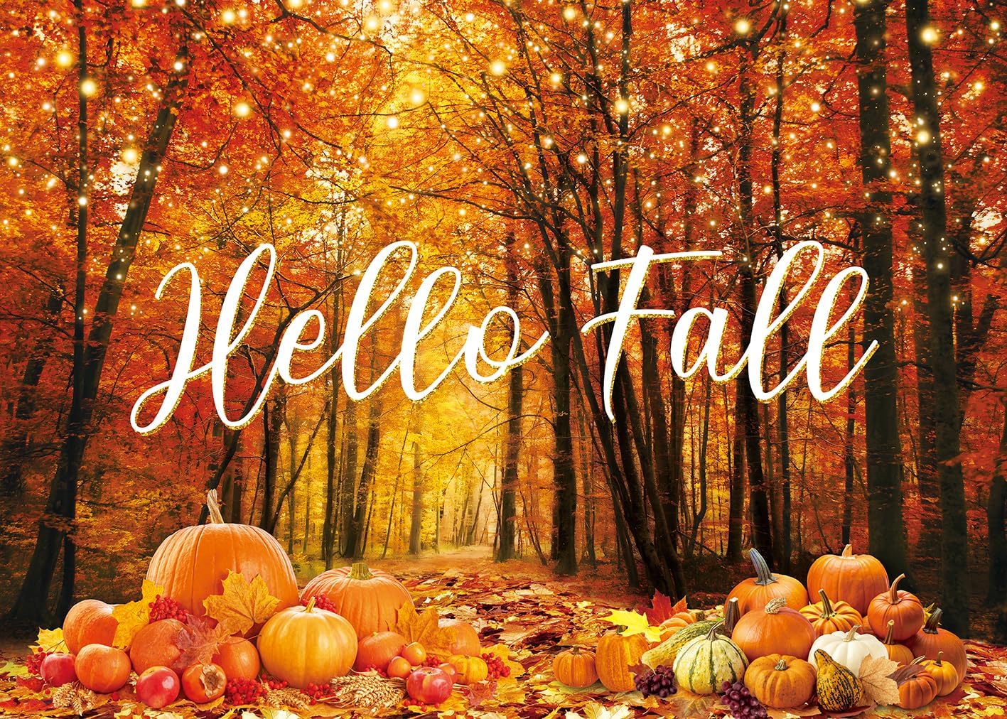 Hello Fall Banner Backdrop 7x5FT Autumn Harvest Pumpkin Maple Leaves Forest Photography Background Thanksgiving Baby Shower Birthday Party Decorations Photo Booth Studio Props