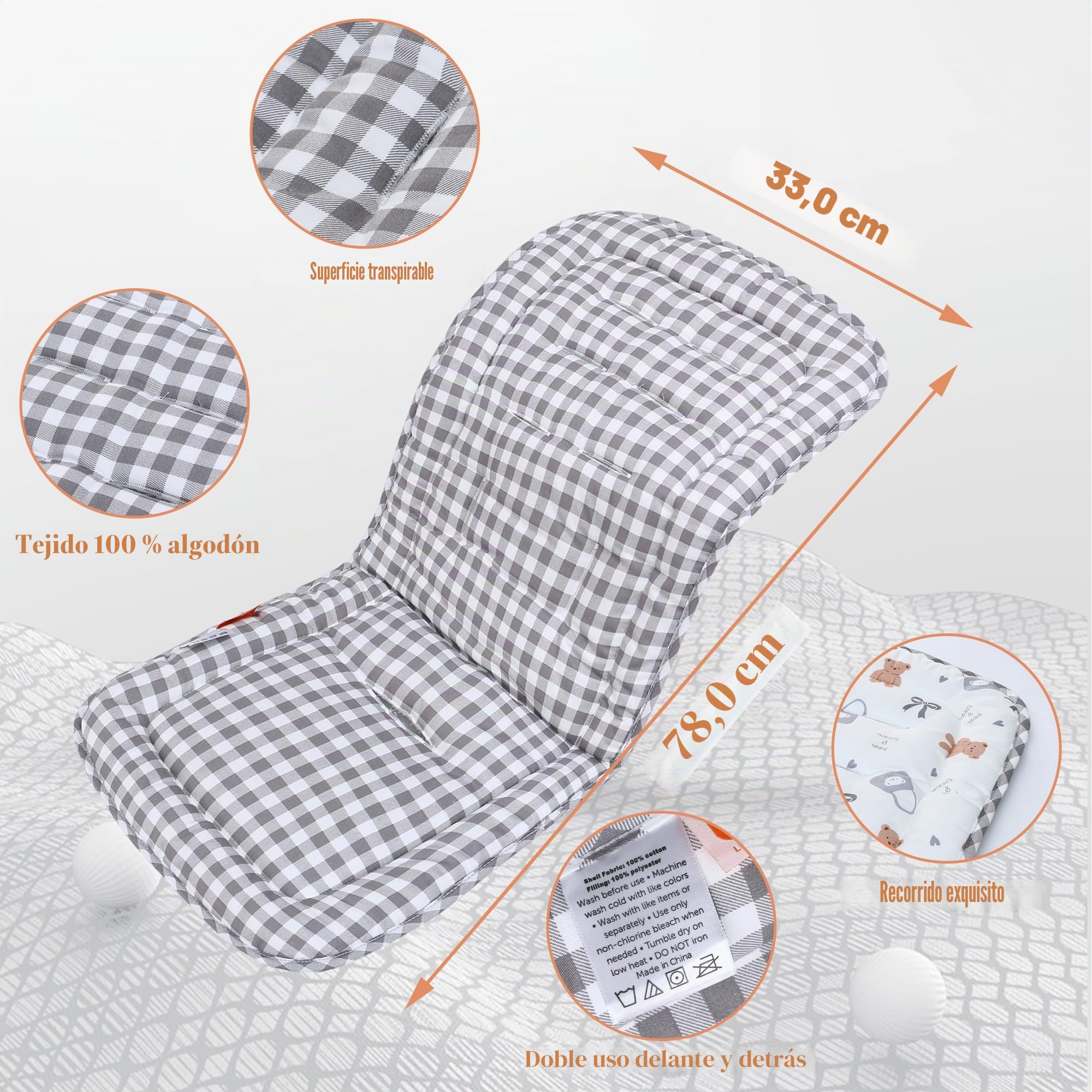 LAT Colchoneta Silla Paseo, Almohadilla Reversible para Cochecitos, Suave y Transpirable Algodón Funda Carrito Bebe Universal, Cojín Doble Cara para Silla de Auto y Carrito (Oso)