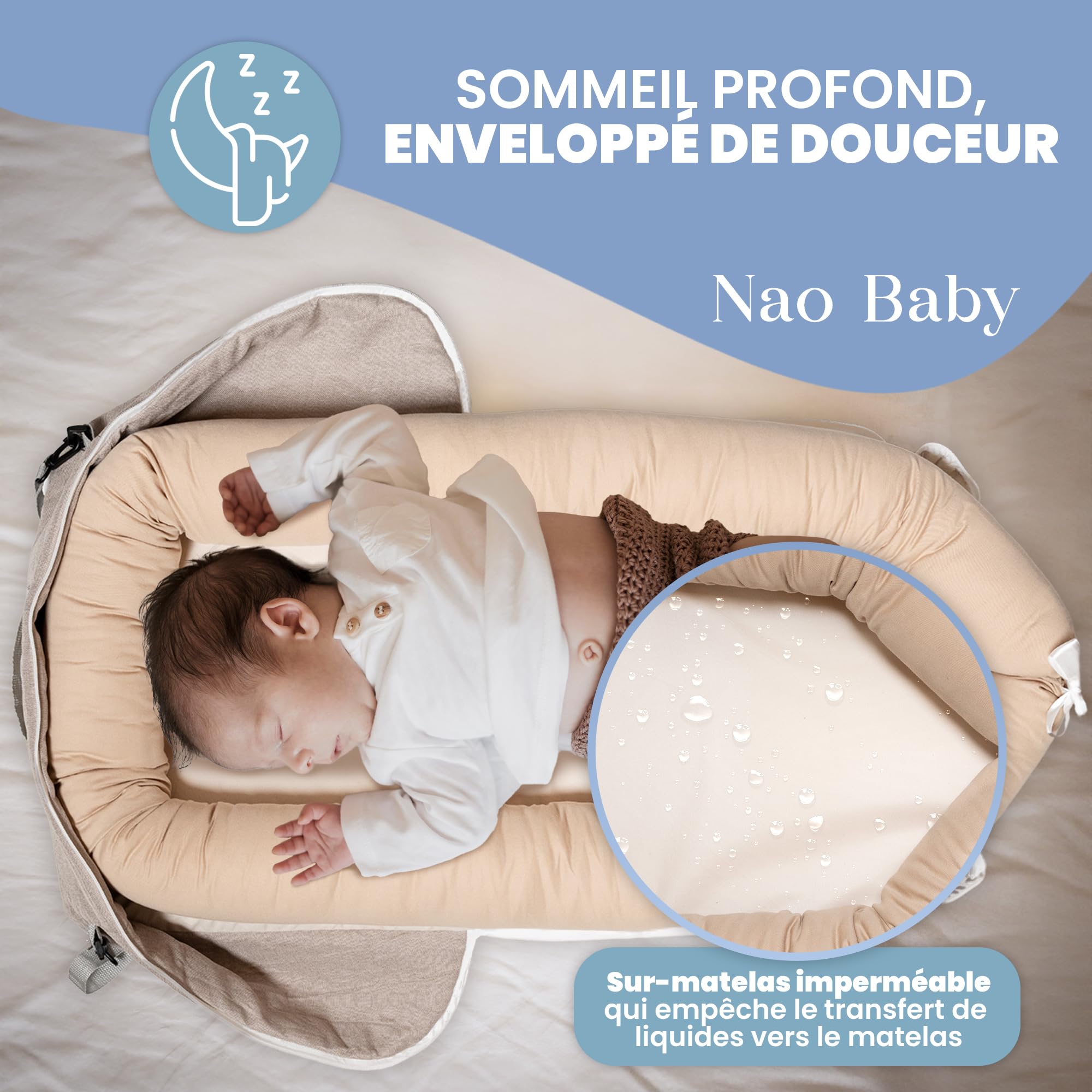 Nao Baby Reducteur de lit Bebe Pliable, Imperméable et Facile à Transporter avec Couverture Réversible | Idéal comme couffin bébé | Nid Bebe | Cale lit