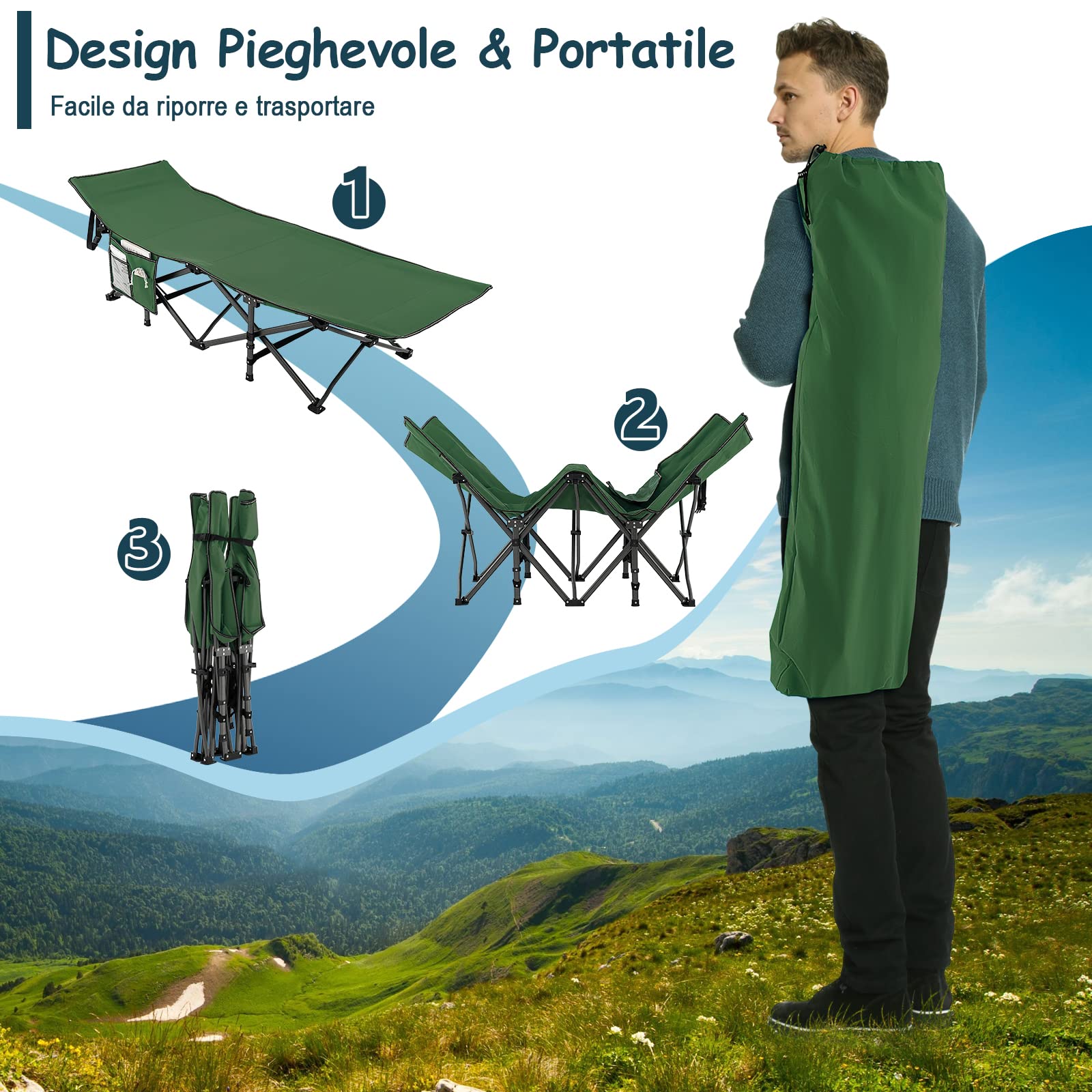 COSTWAY Brandina da Campeggio Pieghevole, Letto Portatile con Poggiatesta Inclinato, Tasca Laterale e Borsa di Trasporto, Branda Campeggio per Backpacking, Ospiti e Pesca, Portata 272 kg