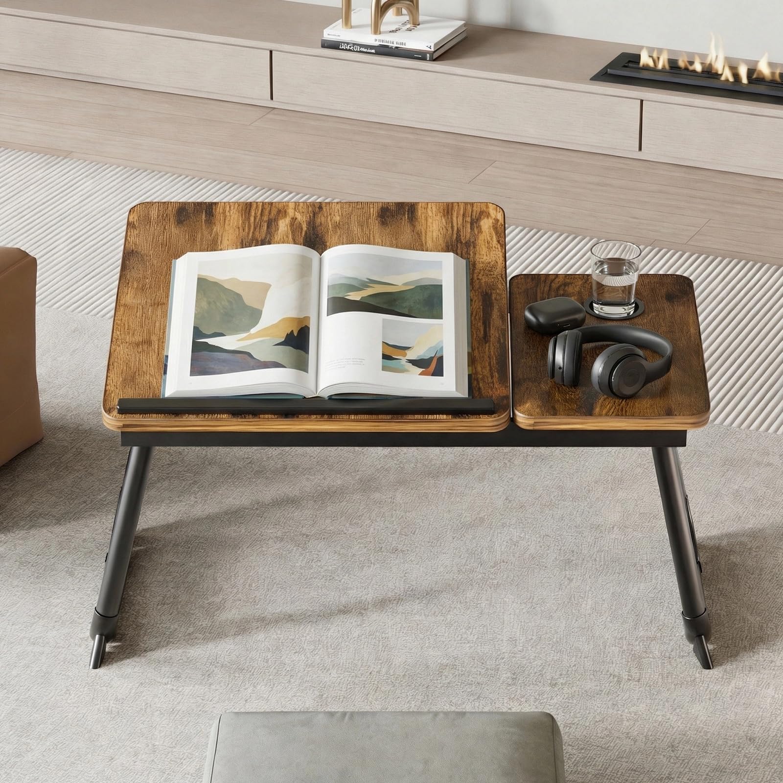 Table pliable pour ordinateur portable avec porte-gobelet pour lit et canapé - Marron