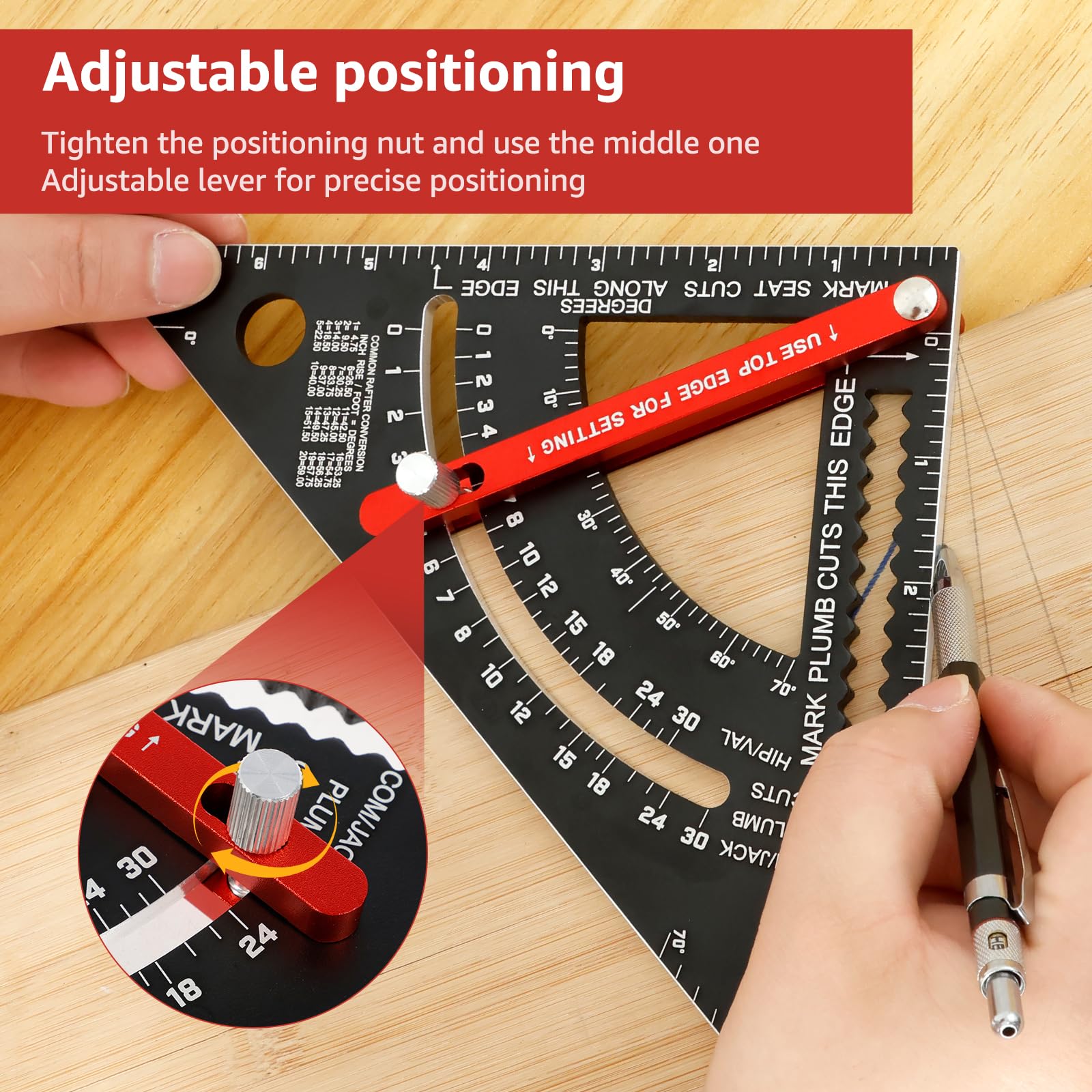 Woodworking Triangle Ruler 7 Inch Aluminum Alloy Carpenter Square Adjustable Rafter Square Protractor Multipurpose Combination Square Tool(Black,Imperial System)