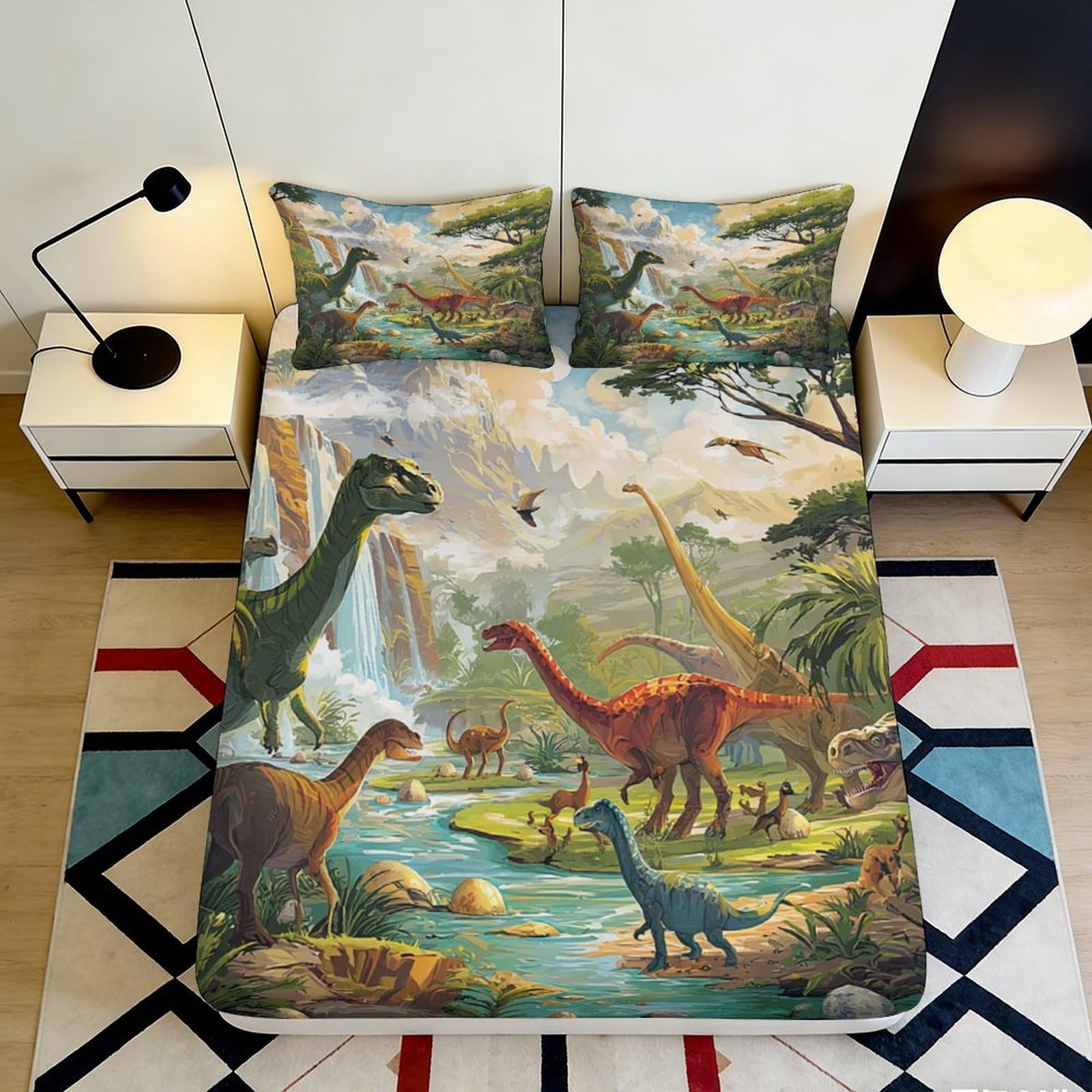 3D Printed Dinosaur Forest Fitted Sheet Microfiber Anti-Slip Waterfall Landscape Bed Cover Bedroom Decor 180x200x25cm
