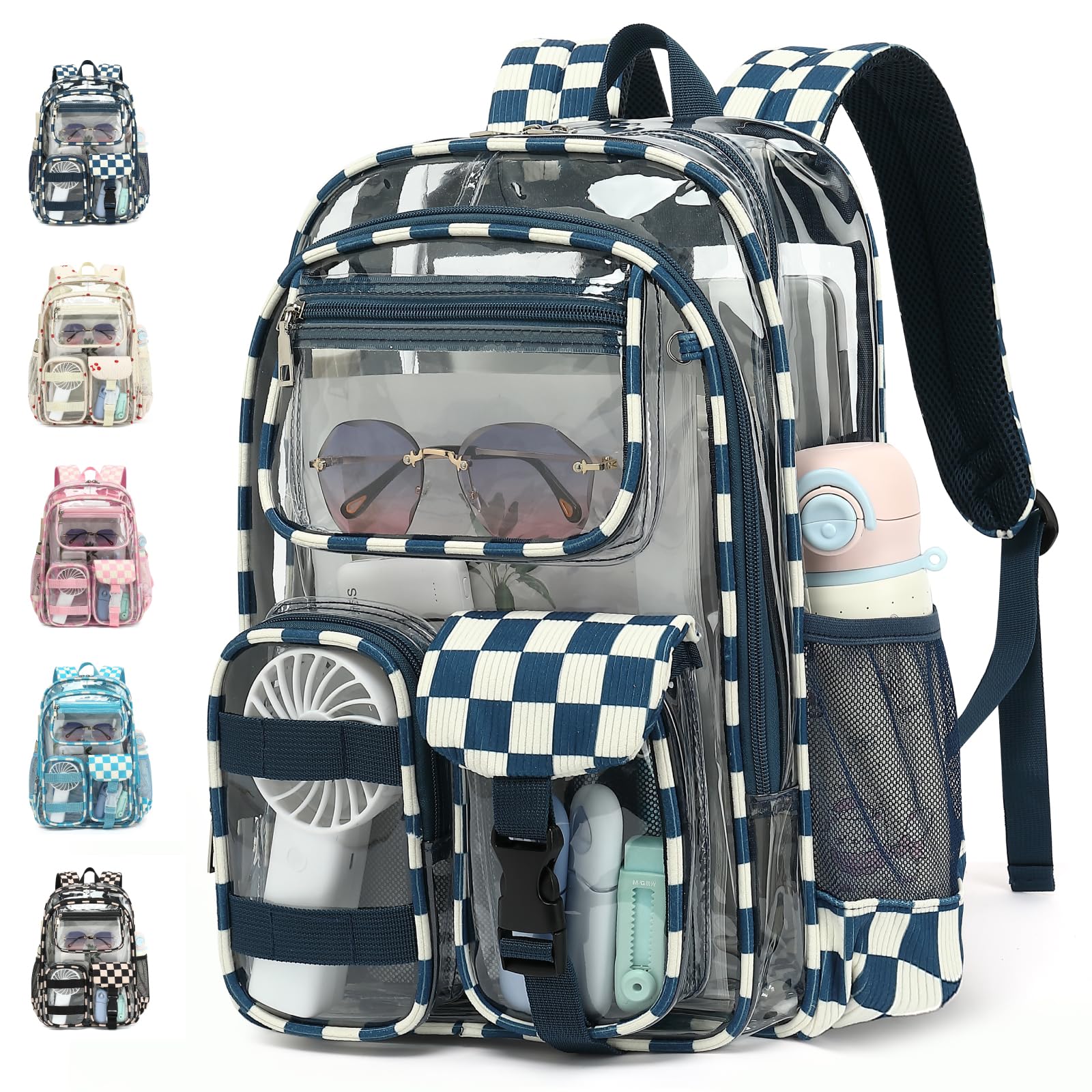 Transparenter Rucksack für Jungen und Mädchen, strapazierfähig, transparente PVC-Tasche für Schule, Reisen, Arbeit und den täglichen Gebrauch, Kariertes Marineblau, 16.5x6.30x11.80 inches