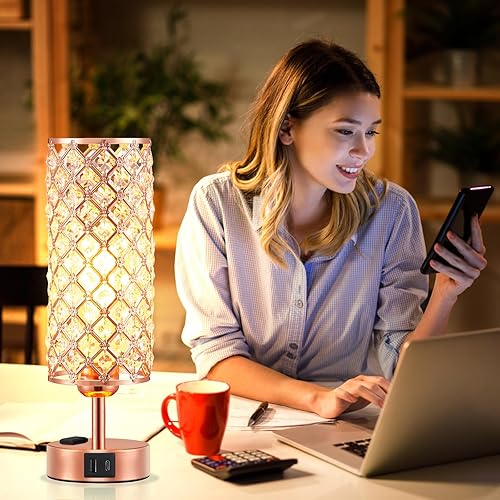 Miniatura 5 de Hong-in Juego de 2 lámparas de mesa de cristal de 3 vías, control táctil con puertos USB-C+A y CA, luz de escritorio regulable, lámpara de mesita de