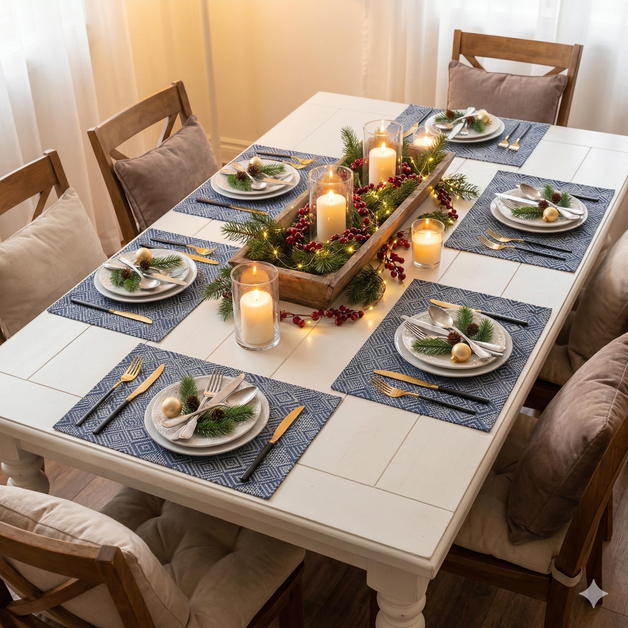 YELONA Placemats Set of 6, Heat-Resistant Woven Vinyl Table Mats, Non-Slip & Washable Dining Tablemats for Kitchen & Dinner Decor, Blue & White (45cm x 30cm)