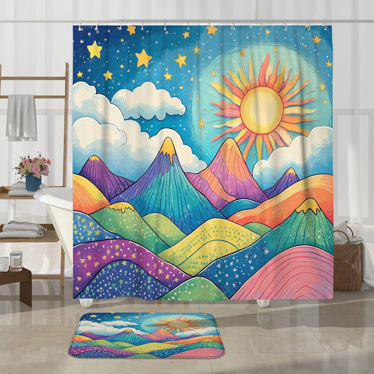 DESIHOM 4PCS Fun Cartoon Mountain Shower Curtain Sets with Non-Slip Rug, U Shape and Toilet Lid Cover Mat, Abstract Trippy Home Decor, Bathroom Accessory with 12 Hooks