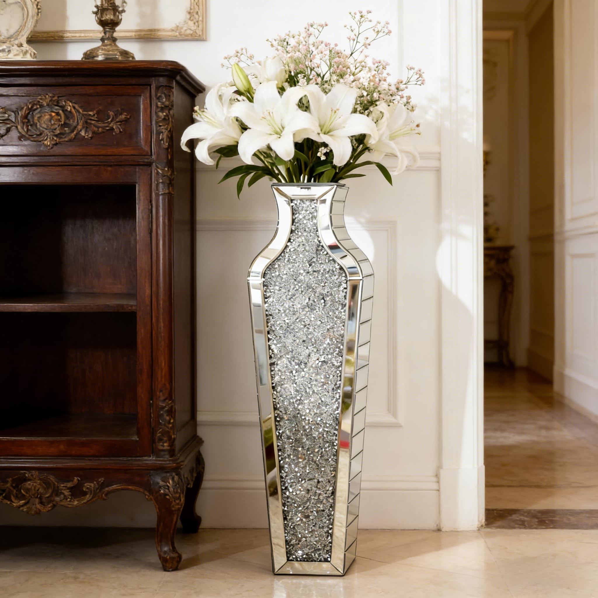 Crushed Diamond Floor Vase, 68.5 cm Height Horizontal Striped Crushed Diamond Mirrored Floor Vase for Hotel Apartment, Decorative Standing Vases for Pampas Grass & Floral Arrangements