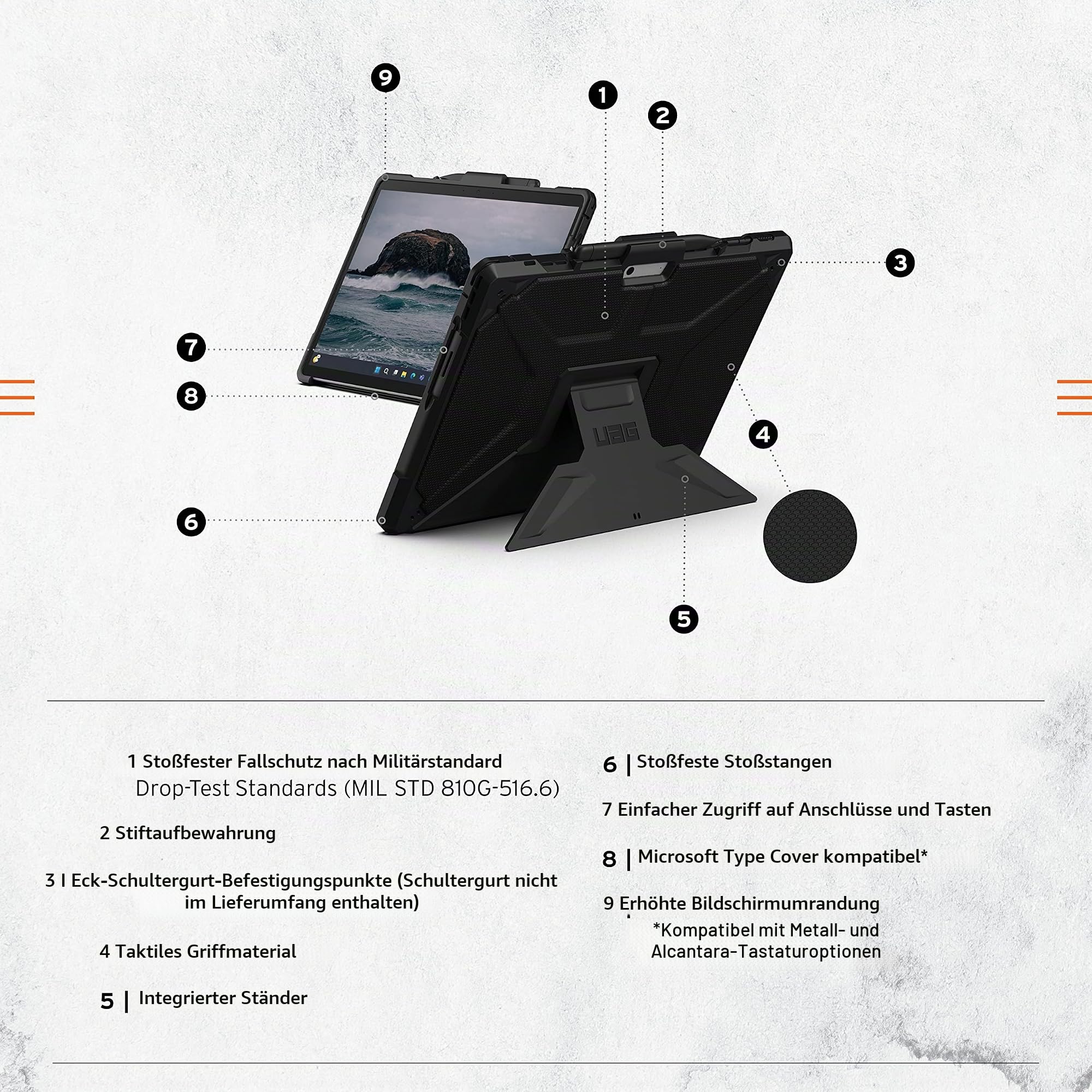 URBAN Armor Gear Metropolis Hülle für Surface Pro 9/10/11 | Passgenau | Surface Pro Type Cover Tastatur kompatibel | Robuster Standfuß | Eckenschutz | Erhöhter Rand | Stift-Halter