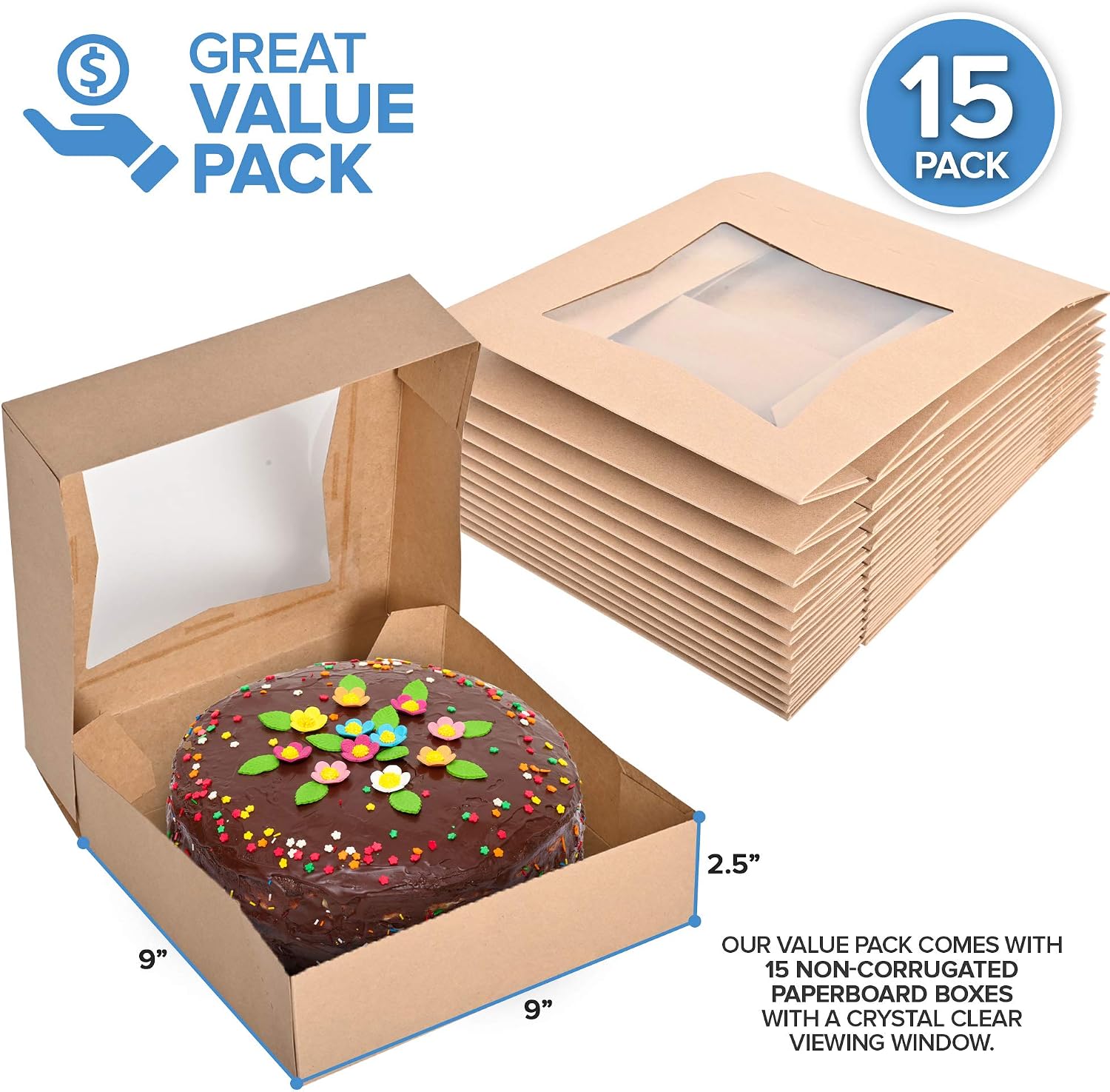 Stock Your Home 9 x 9 x 2.5 Inch Kraft Pie Box with Viewing Window (15 Count)-Medium Bakery Box - Auto Pop Cake Box Design - Pie Box with Viewing Window for Strawberries, Smash Hearts, Pastry,Treats