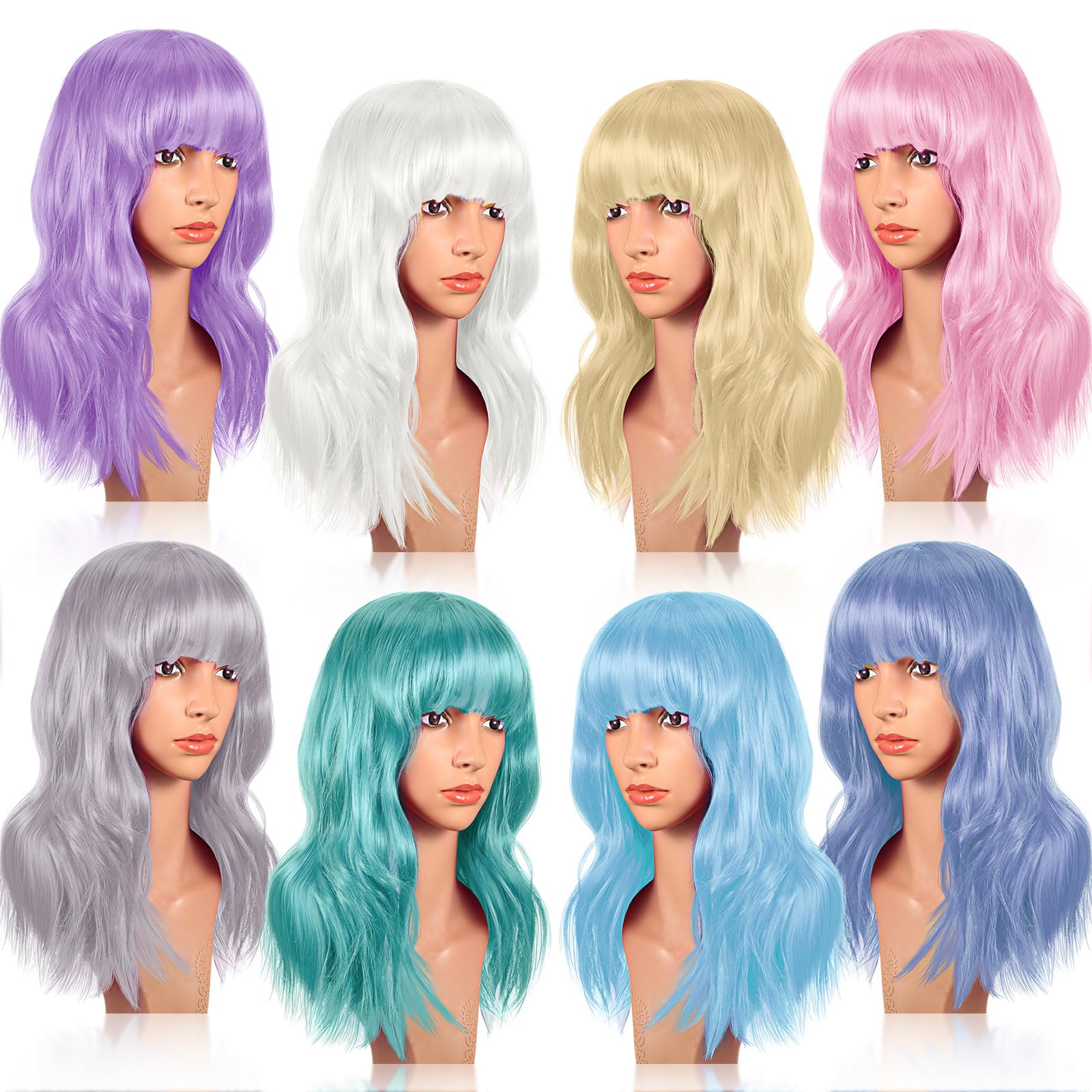 Crowye 8 Pcs 12" Colorful Party Wigs Shoulder Length Wigs for Women Wavy Bob with Air Bangs Curly Short Synthetic Colorful Costume for Cosplay