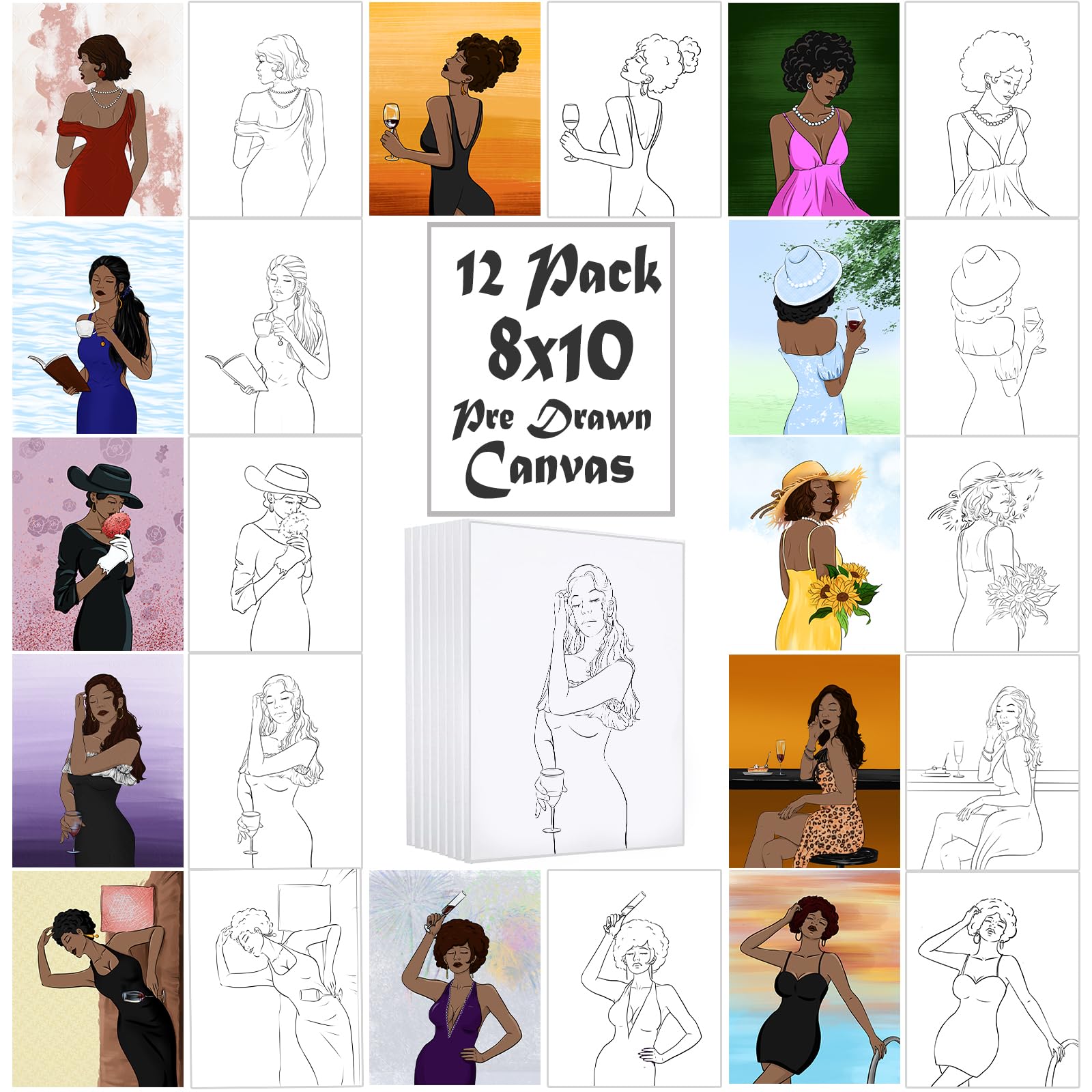 Sip and Paint Kit for Adults, 12 Pack Pre Drawn Canvas to Paint for Adults Painting Kit, Paint Party Kits for Adults Artist Beginners (Canvas Only)