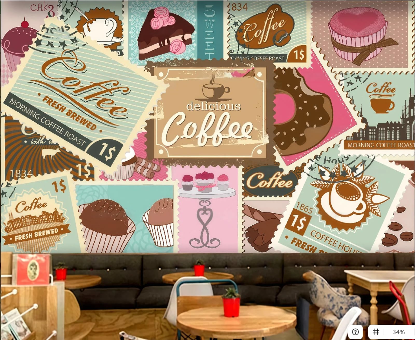 XDOUBAO Wallpaper Fashion Hand-Painted Stamp Coffee Label Dessert Bakery Afternoon Tea Western Restaurant Background Wall Wallpaper Coffee Shop Mural,3D,300x210cm