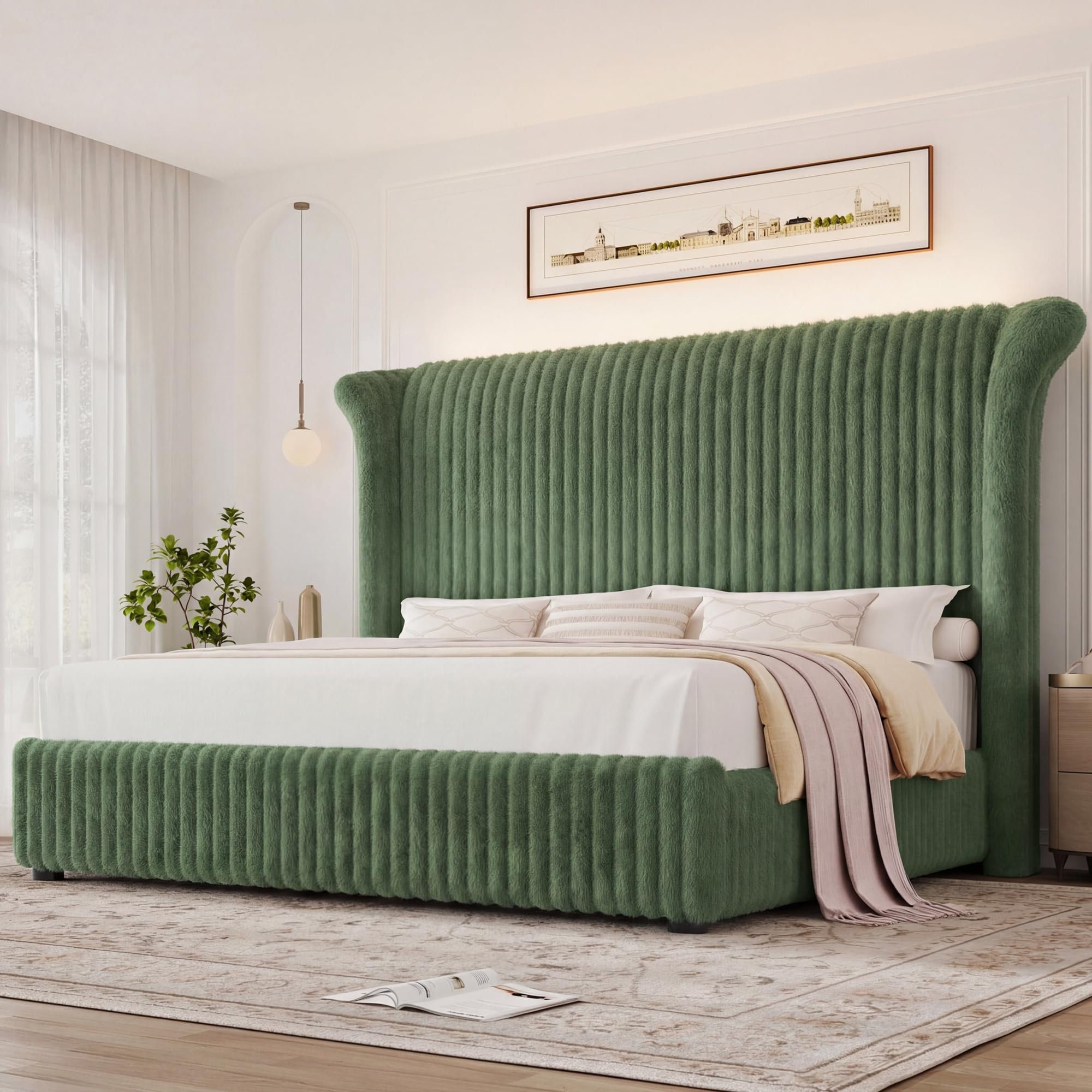 Keyluv King Bed Frame with 54.3” Tall Faux-Fur Wingback Headboard, Upholstered Platform Bed with LED Light, Mattress Foundation with Solid Wooden