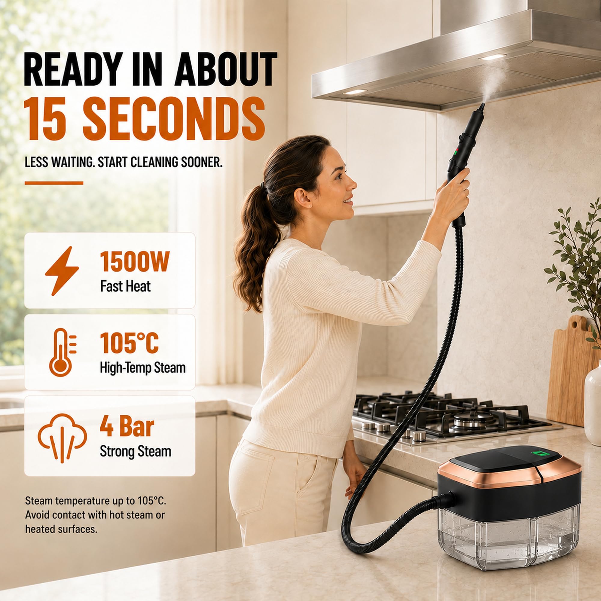 12-IN-1 Dampfreiniger Handgerät für Haushalt & Auto, 3 Dampfstufen am Griff einstellbar, 15 S Aufheizzeit, 1.8L Tank, 4BAR, großer Aktionsradius von 3,5 m, Zubehör für Küche, Bad, Böden, Fenster, Auto