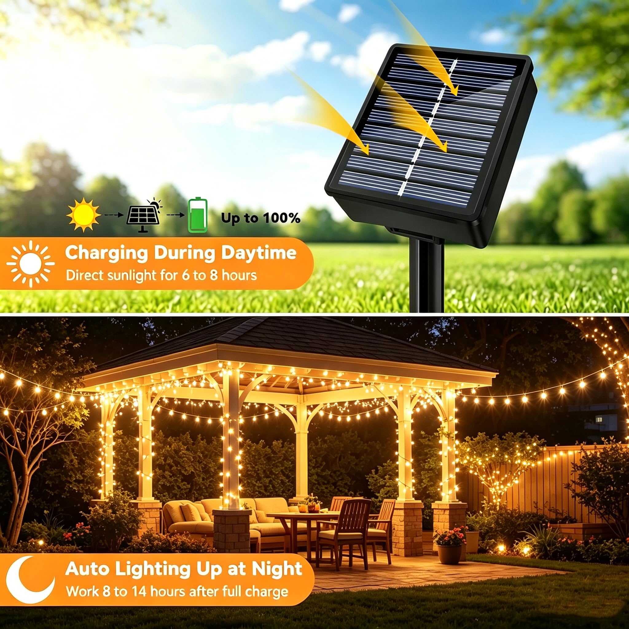 Guirnalda LED Solar Exterior 2Pack 15M, Luces Solares con Alambre de Cobre, 8 Modos Cadena Lámparas Blanco Cálido, Impermeable IP65 para Jardín,Fiesta,Boda Decoración